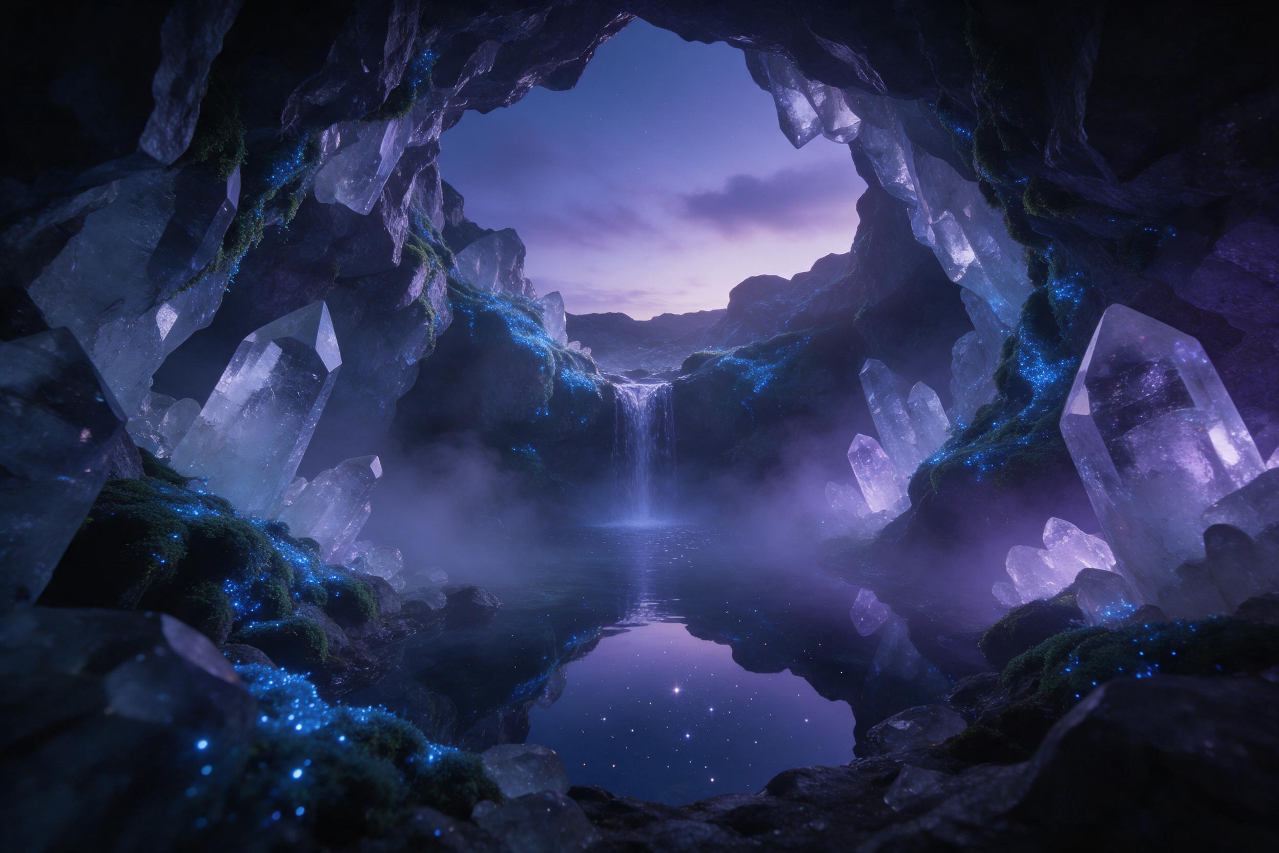 A luminous crystal cave beneath a twilight sky, bioluminescent blue moss clinging to jagged quartz walls, a small waterfall falls into a mirror-like pool reflecting stars, mist catching soft violet light, cinematic composition with deep shadows and glowing highlights