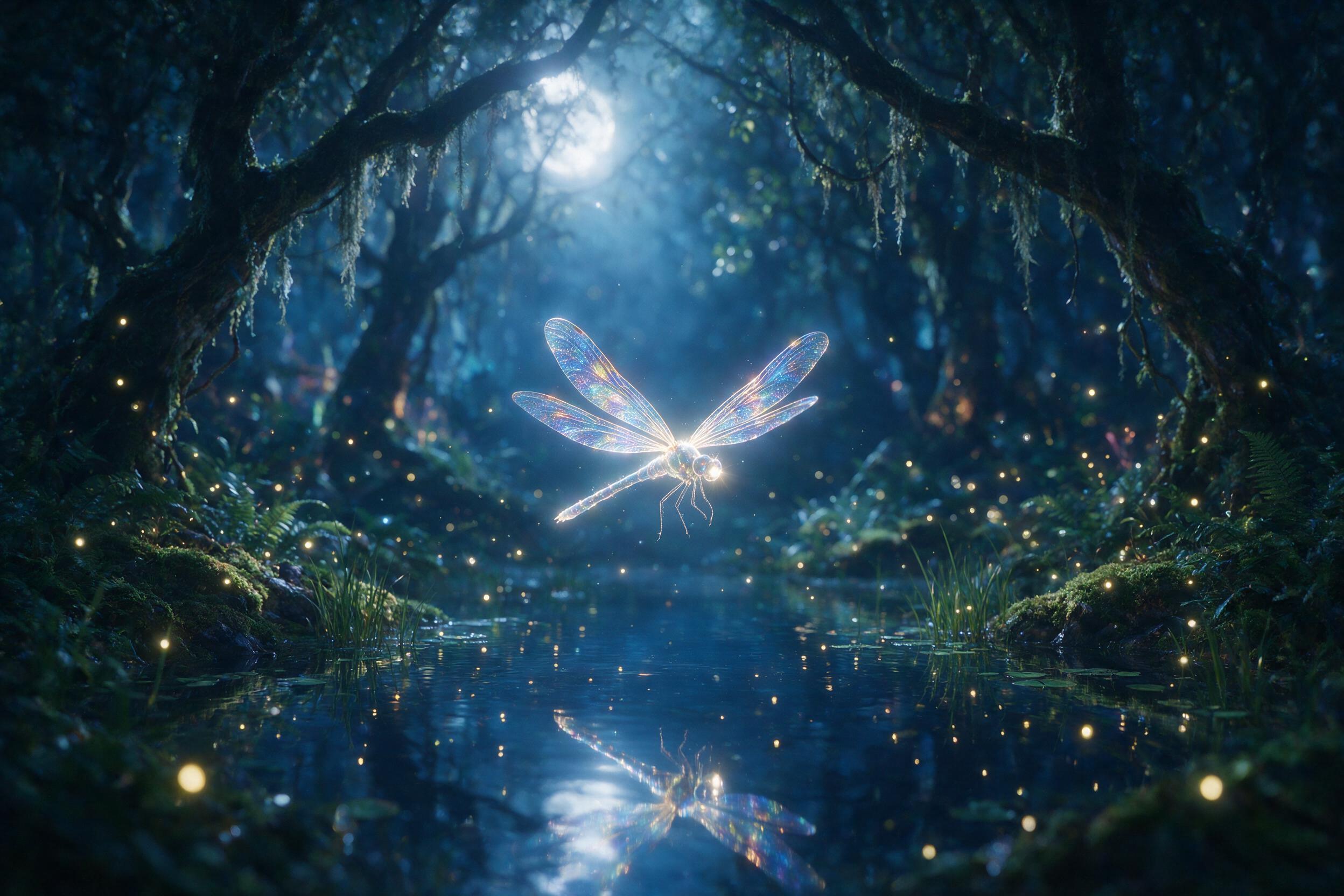 A glowing, translucent dragonfly with iridescent wings hovers over a still, midnight-blue pond, surrounded by floating, luminous spores. The scene is bathed in soft, ethereal moonlight filtering through ancient, moss-draped tree branches. Subtle lens flare and a shallow depth of field create a dream