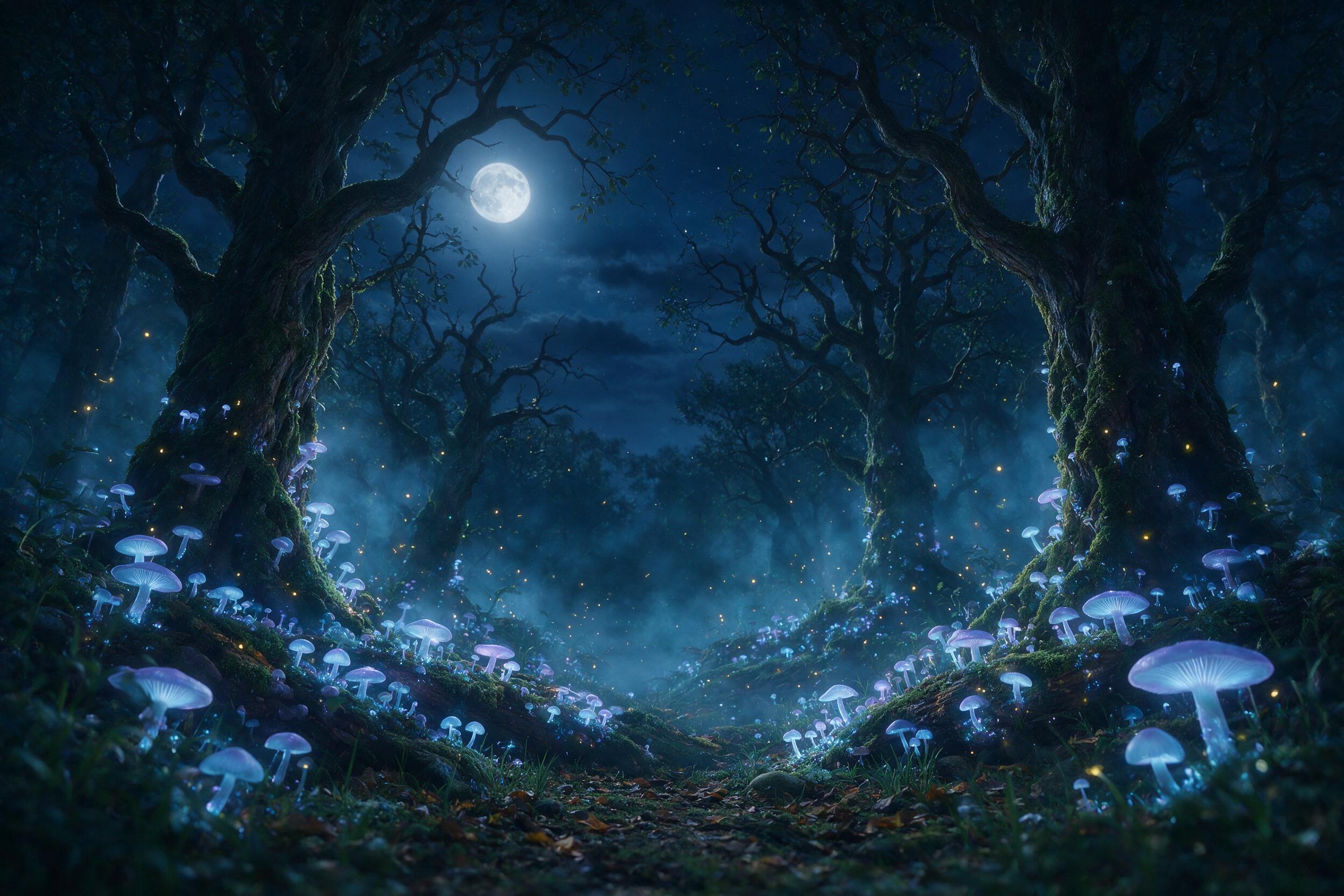 A moonlit forest clearing with glowing mushrooms and floating fireflies, mist weaving between ancient twisted trees, soft blue and violet light, shallow depth of field, gentle breeze stirring leaves, quiet magical atmosphere