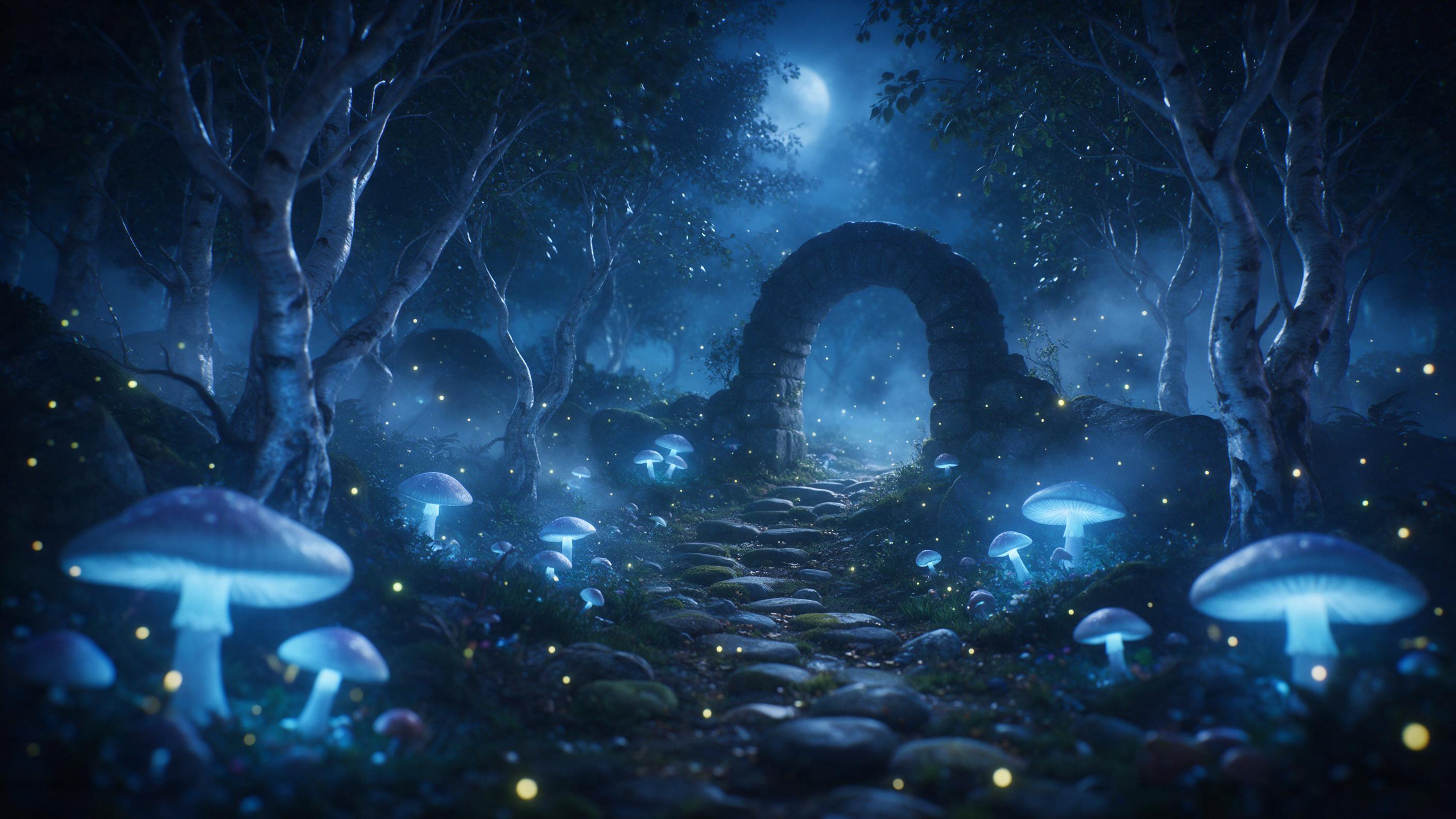 A moonlit enchanted forest with giant glowing mushrooms casting soft blue light, a winding path of mossy stones leading to an ancient stone arch, mist weaving between twisted silver-barked trees, fireflies drifting like sparks, ethereal atmosphere, shallow depth of field, cinematic composition