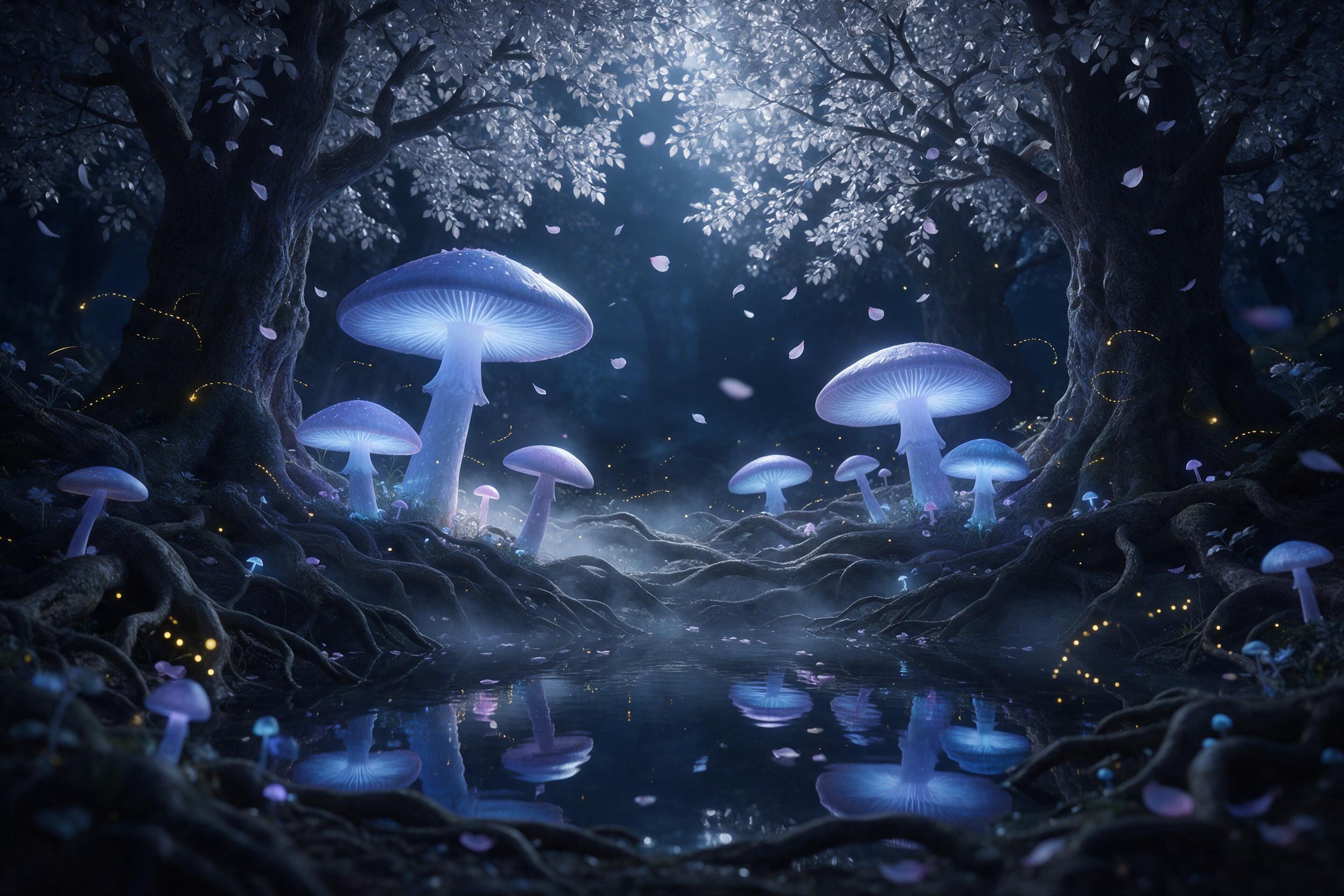 An ancient forest where giant luminescent mushrooms glow in soft blue and violet hues, their caps reflecting in a still pond. A faint mist curls between twisted roots, with tiny fireflies tracing golden arcs. Moonlight filters through a canopy of silver leaves, illuminating scattered petals. Composi