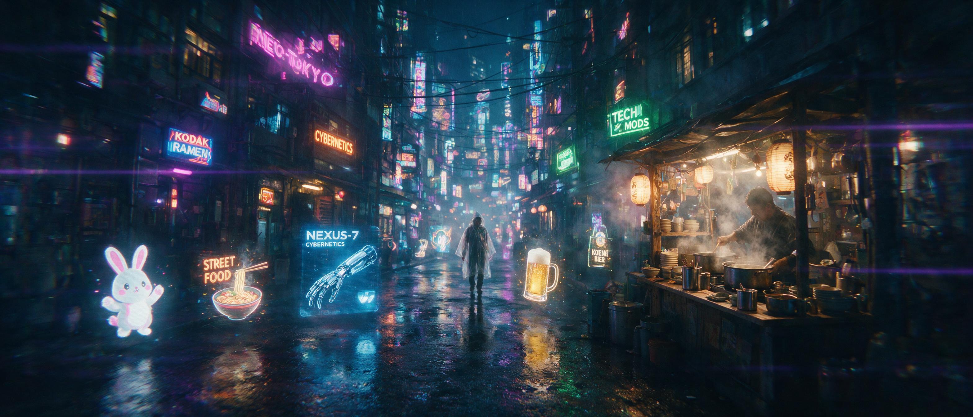 A neon-lit cyberpunk alleyway at midnight, rain-slicked asphalt reflecting holographic advertisements, a lone figure in a translucent raincoat walks past a flickering noodle stand, steam rising from hot broth, atmospheric haze, slight motion blur from slow shutter speed, cinematic anamorphic lens fl