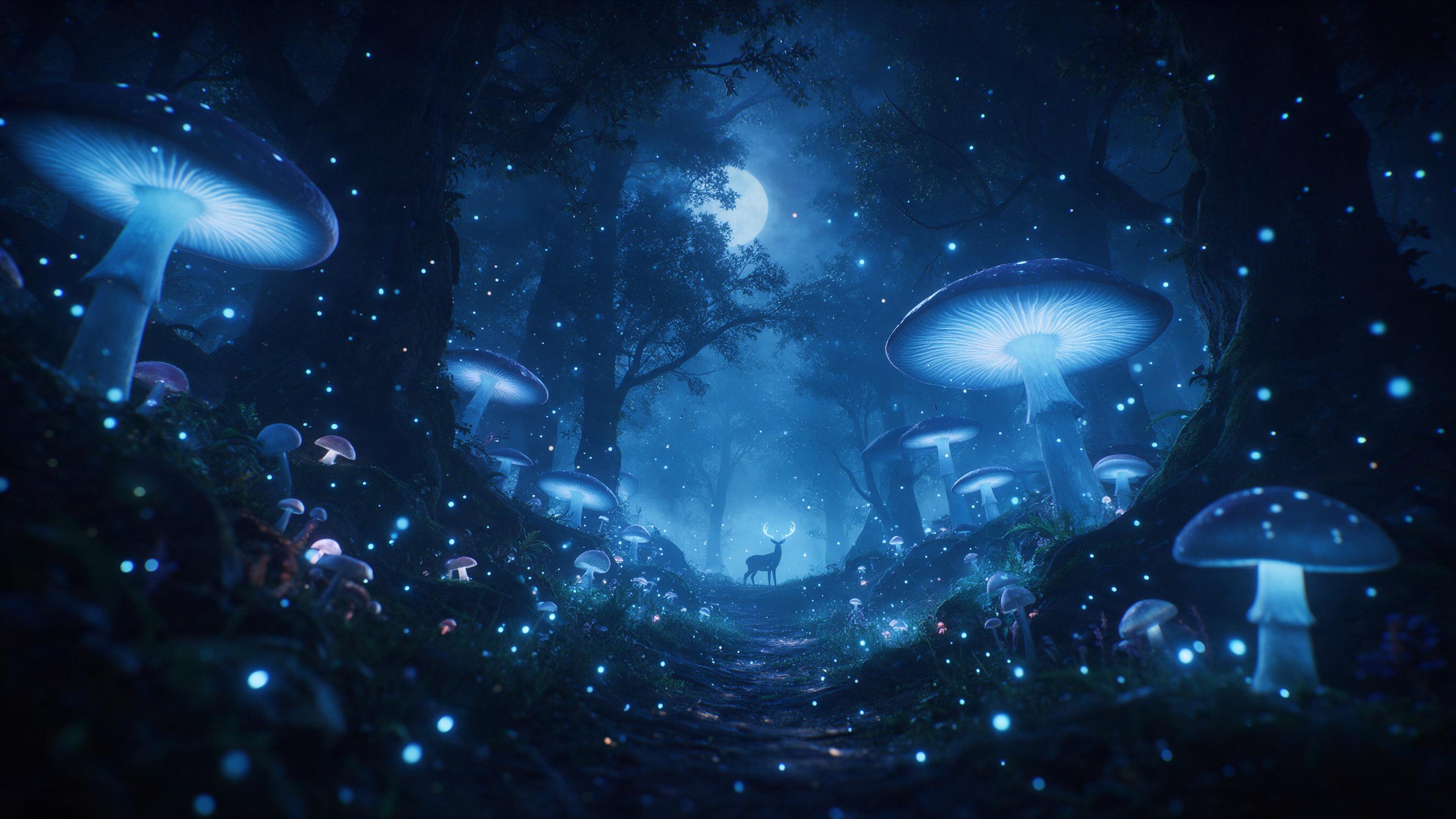 A moonlit magical forest with huge glowing mushrooms casting soft blue light on a winding path. Floating bioluminescent spores drift like fireflies. Mist weaves between ancient trees, while a silhouette of a deer with antlers glowing faintly stands at the path's end. Low-angle view, cinematic depth 