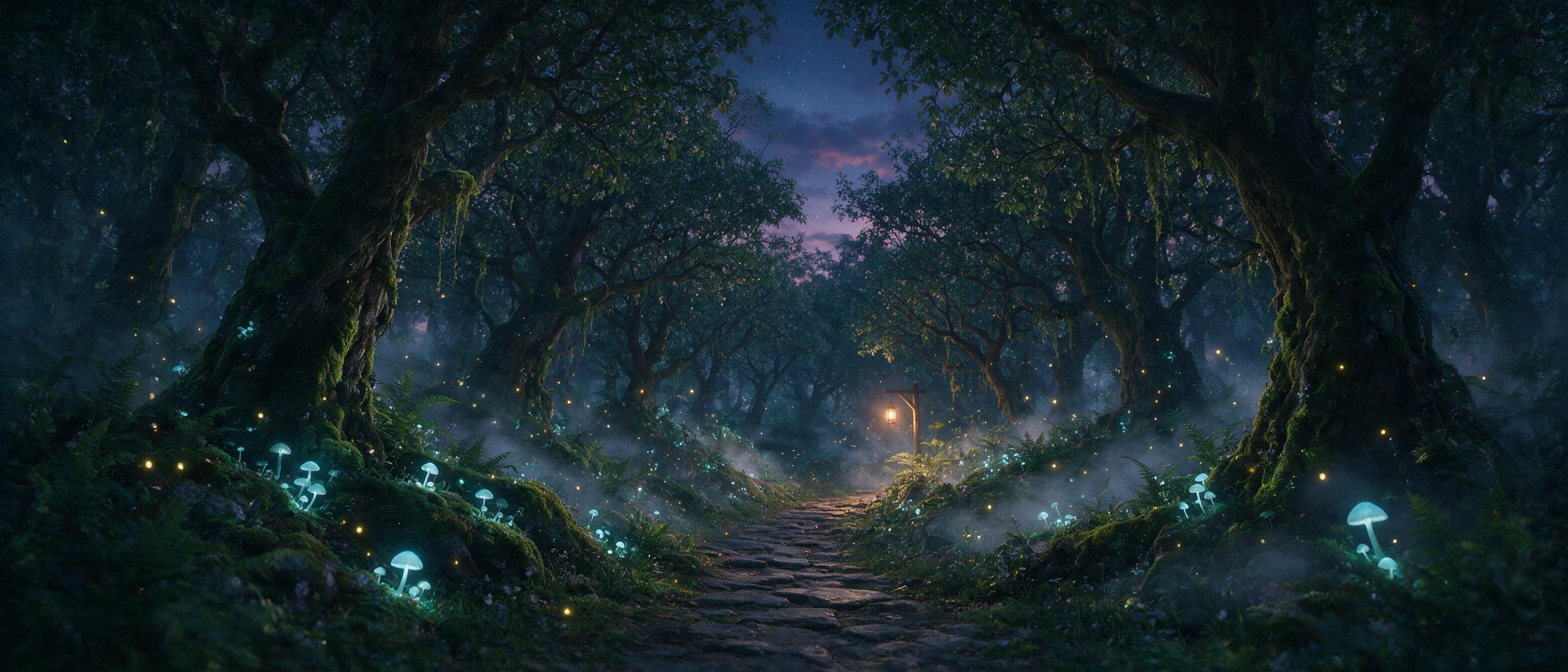 An ancient, glowing forest at twilight, with bioluminescent mushrooms and floating fireflies, a single stone path winding through moss-covered trees, soft mist hugging the ground, warm amber light from a distant lantern, ethereal and calm.
