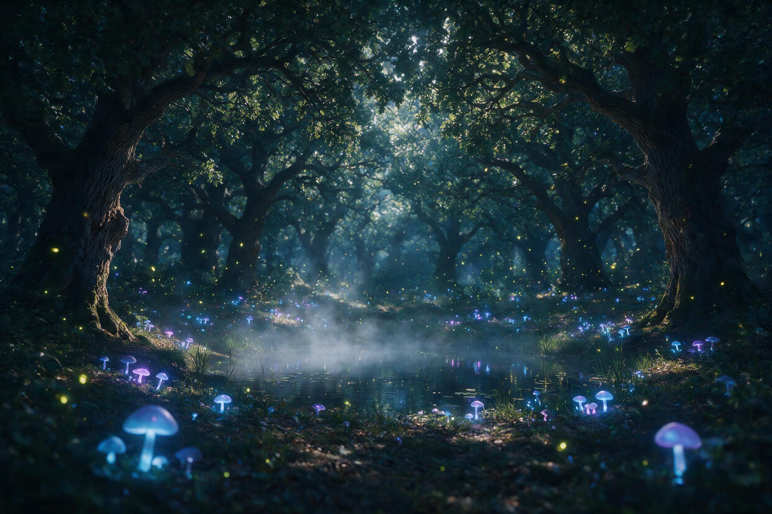A moonlit forest clearing with bioluminescent mushrooms glowing in soft blue and purple, a gentle mist rising from a small pond, fireflies floating in dappled light, ancient oak trees forming a canopy, ethereal and dreamlike atmosphere, soft focus