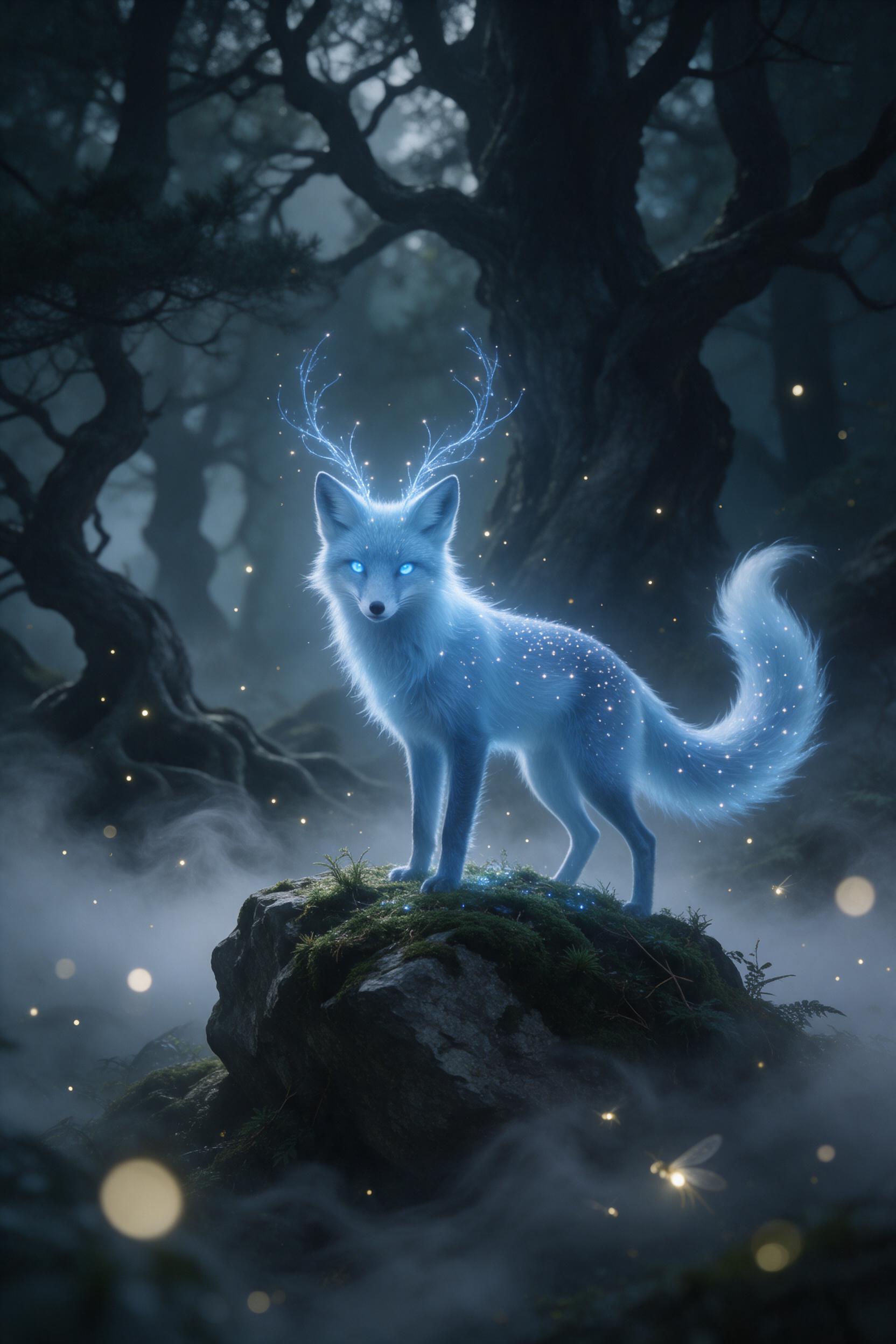In a misty twilight forest, a glowing blue fox with ethereal antlers stands on a mossy stone, its fur shimmering with tiny stars, soft fireflies dance around, gentle fog swirls at ground level, backdrop of ancient gnarled trees, muted teal and silver palette, shallow depth of field emphasizing the c