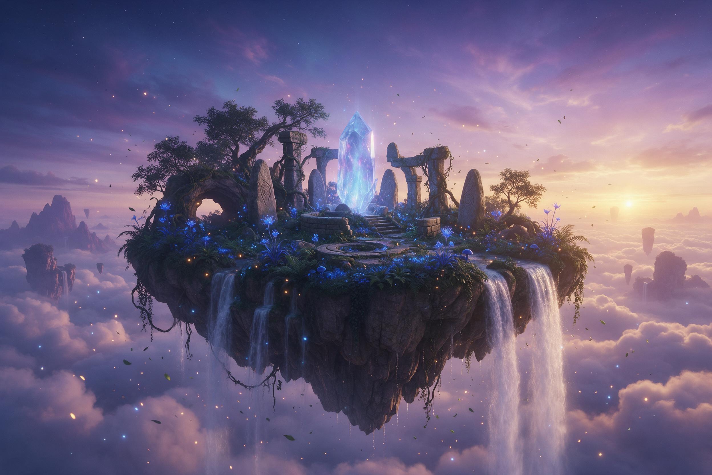 A mystical floating island in a twilight sky, lush with glowing blue flora and cascading waterfalls that drop into a sea of clouds. Ancient stone ruins wrapped in vines surround a central crystal that emits soft, ethereal light. The scene is bathed in purple and gold hues, with fireflies and sparks 