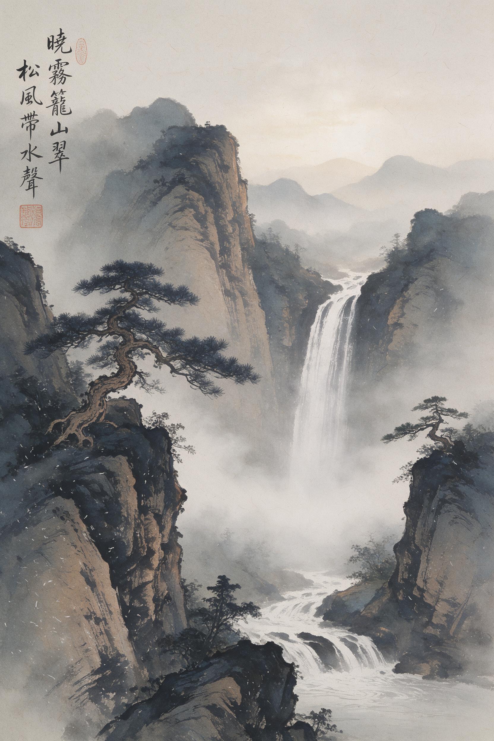 Misty ink-wash landscape painting, ancient pine trees clinging to cliffside, cascading waterfall veiled in fog, distant layered mountains fading to pale gray, subtle vermilion seal stamp in corner, rice paper texture, soft brush strokes blending wet on dry, muted umber and indigo tones, morning ligh