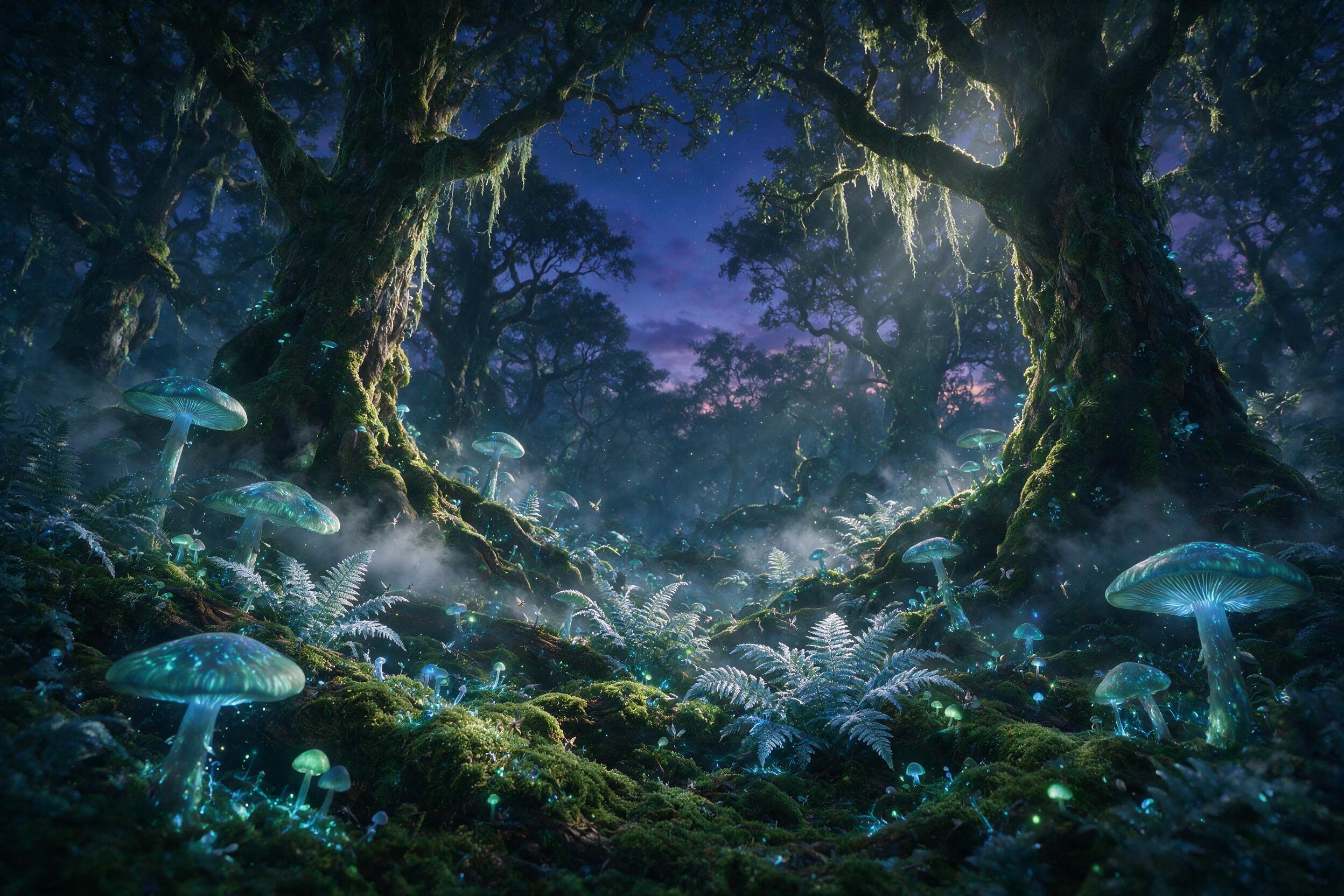 A bioluminescent forest at twilight, giant glowing mushrooms casting soft blue light on mossy ground, tiny winged fairies flitting between silver ferns, mist swirling around ancient tree roots, shot with a wide-angle lens at f/2.8, natural god rays filtering through canopy, ethereal atmosphere