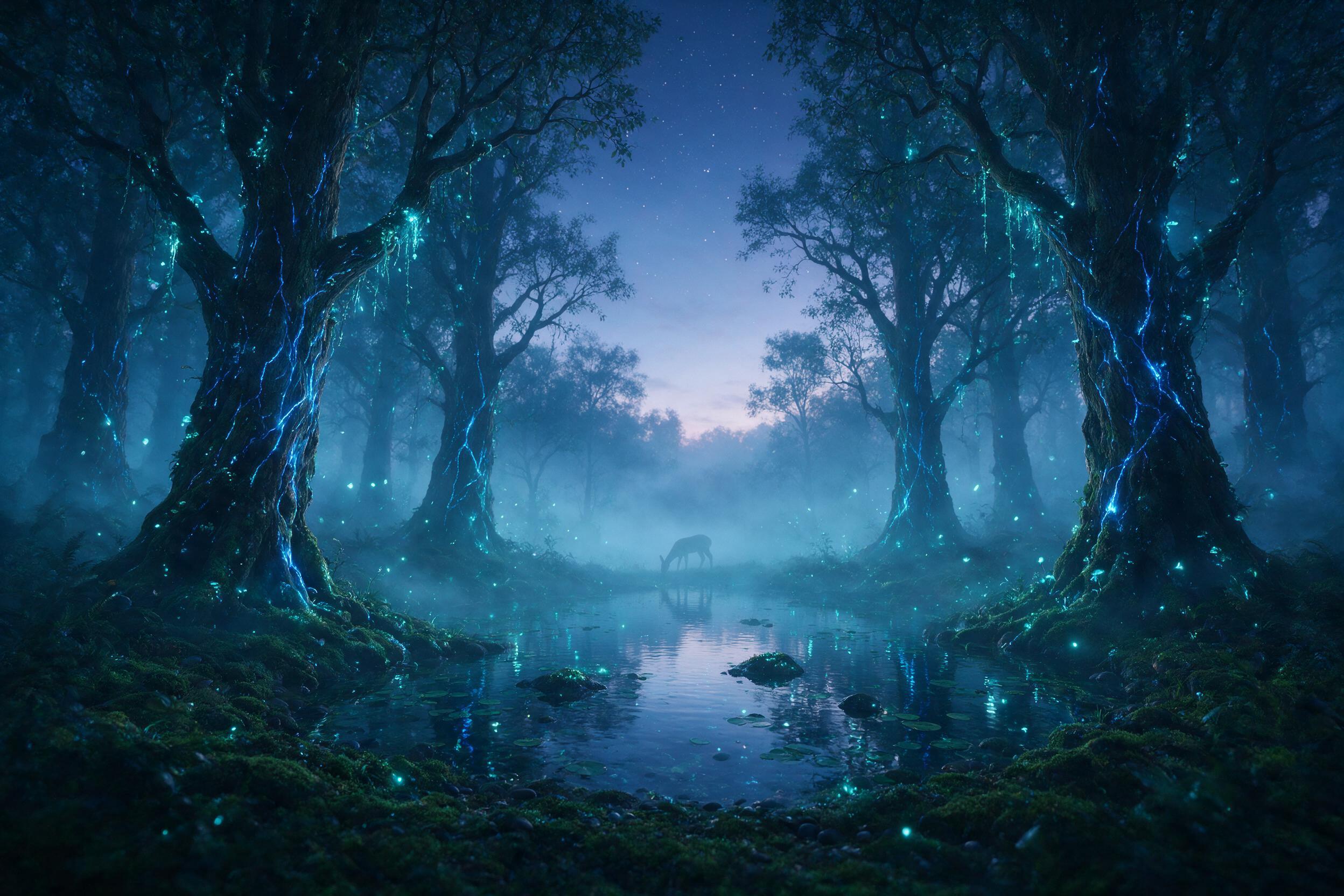 A bioluminescent forest at twilight, towering ancient trees with glowing blue veins, mossy ground reflecting soft cyan light, a small clear pond in the center, fireflies drifting, heavy mist, depth of field focus on the pond, cool color palette, faint silhouette of a deer drinking in the background,