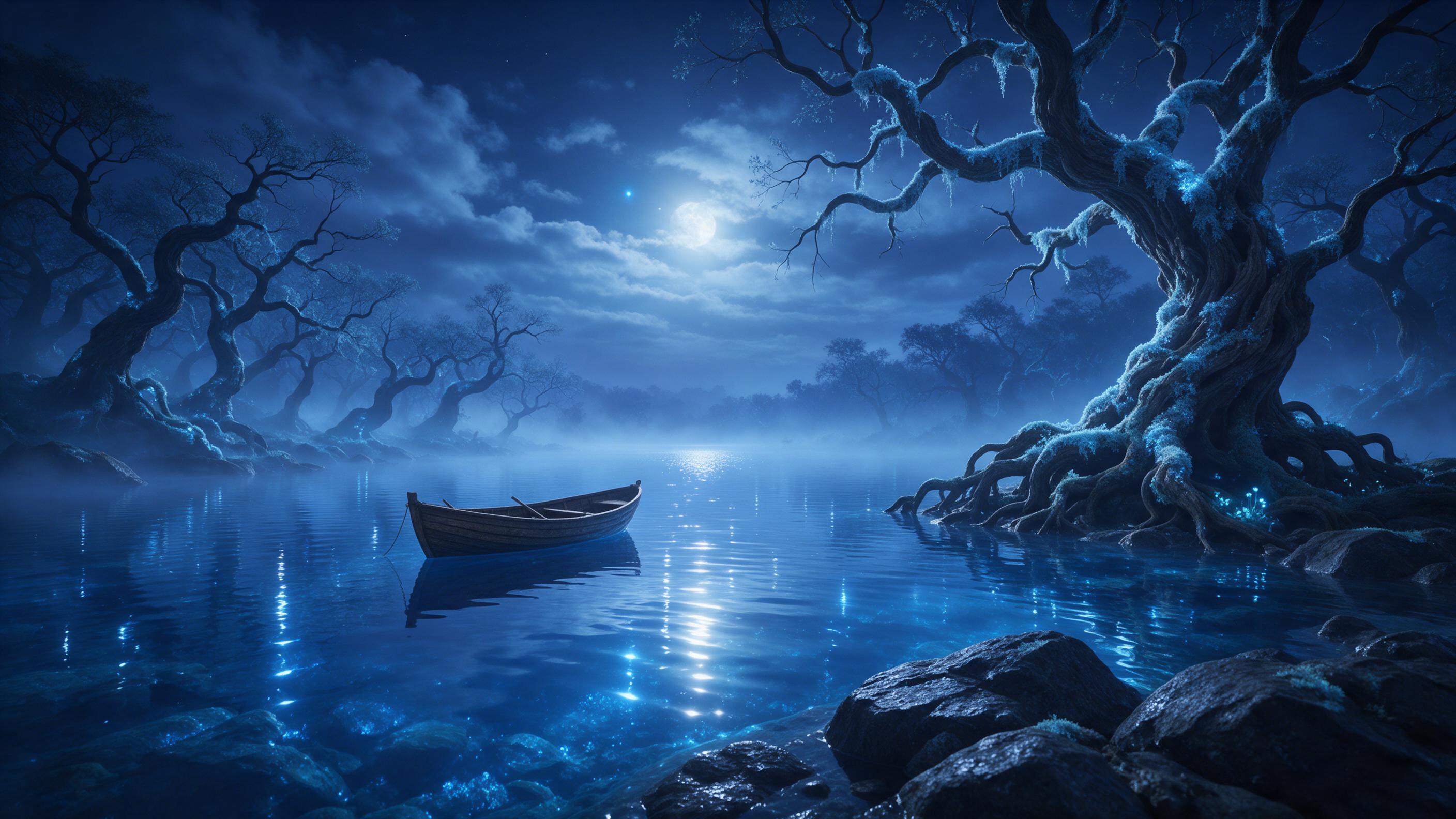 A misty, moonlit forest with a glowing crystal lake at its heart, ancient twisted trees draped in bioluminescent moss, a small wooden boat drifting alone on the water, soft blue and silver light, gentle fog, reflection of the stars, composed with a wide angle, serene and magical atmosphere