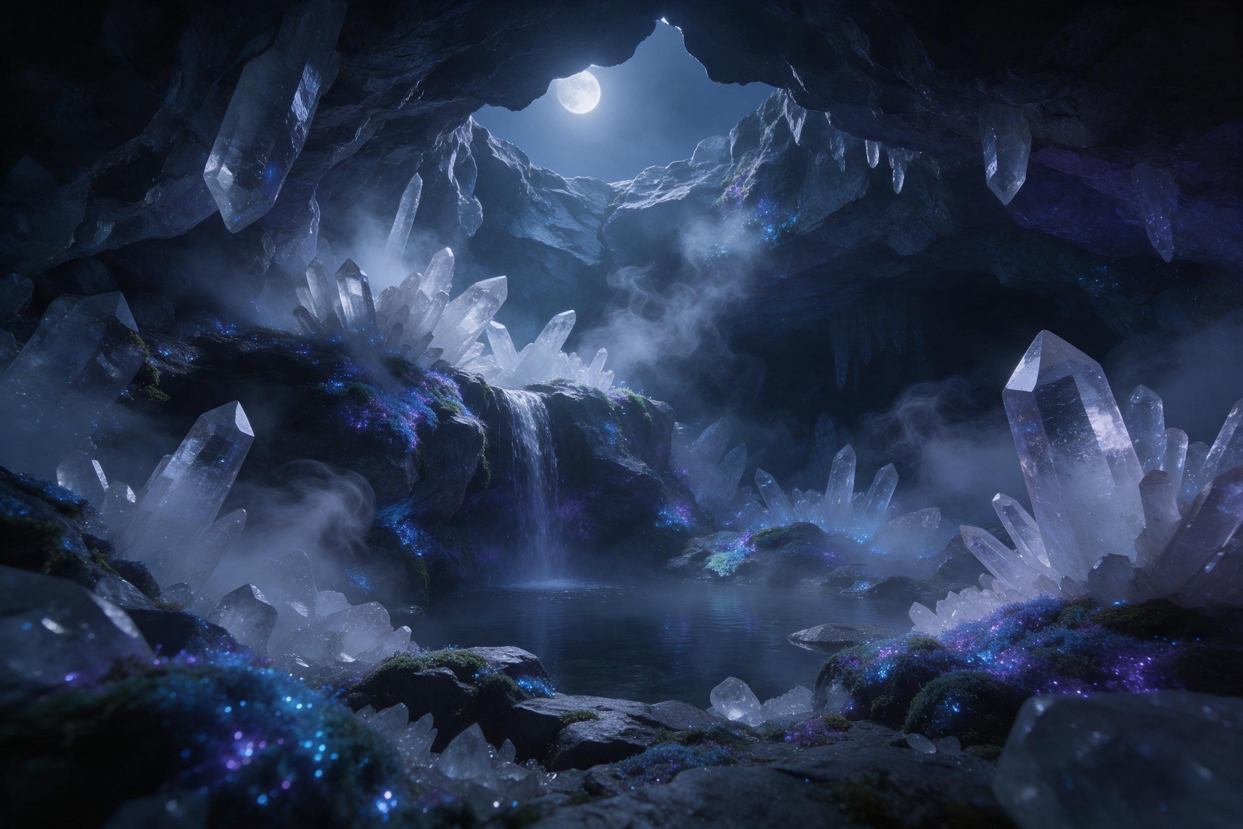 A moonlit crystal cavern, bioluminescent moss glowing in blues and purples, a small waterfall feeding a still pool, wisps of silver mist curling around jagged quartz formations, soft ambient light, wide-angle composition, gentle mist on air.