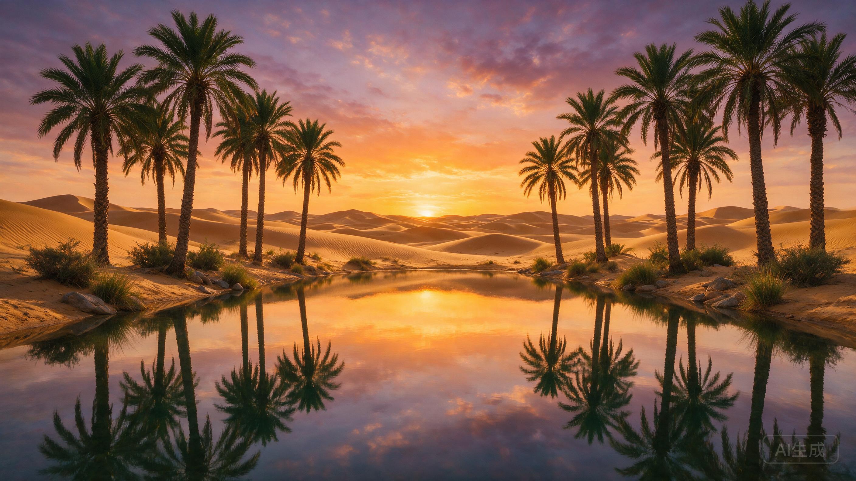 Desert oasis at sunset, palm trees reflected in still water, golden sand dunes, warm orange and purple sky