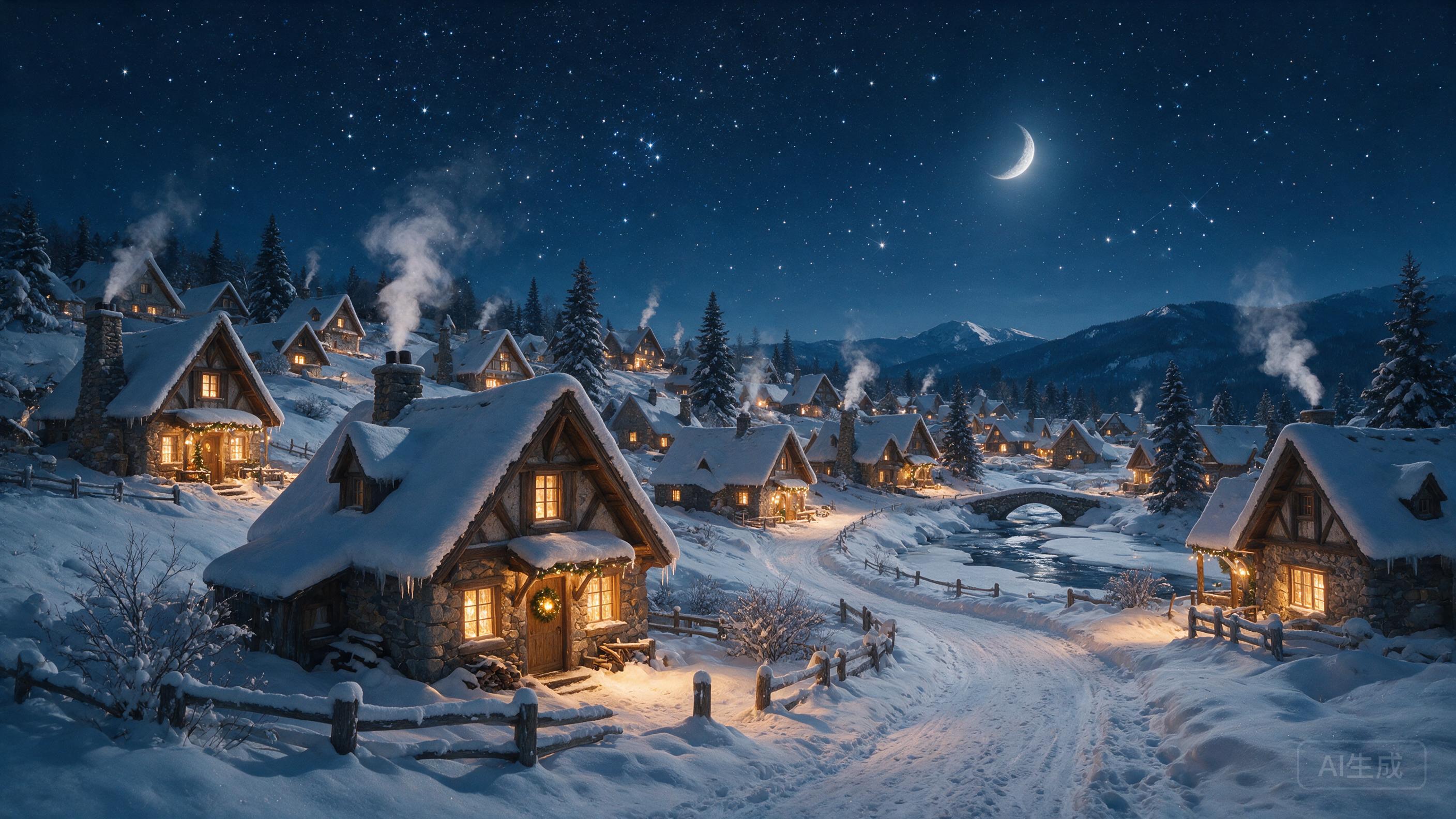 Snow-covered traditional village at night, warm lit windows, starry sky, chimney smoke, peaceful winter atmosphere