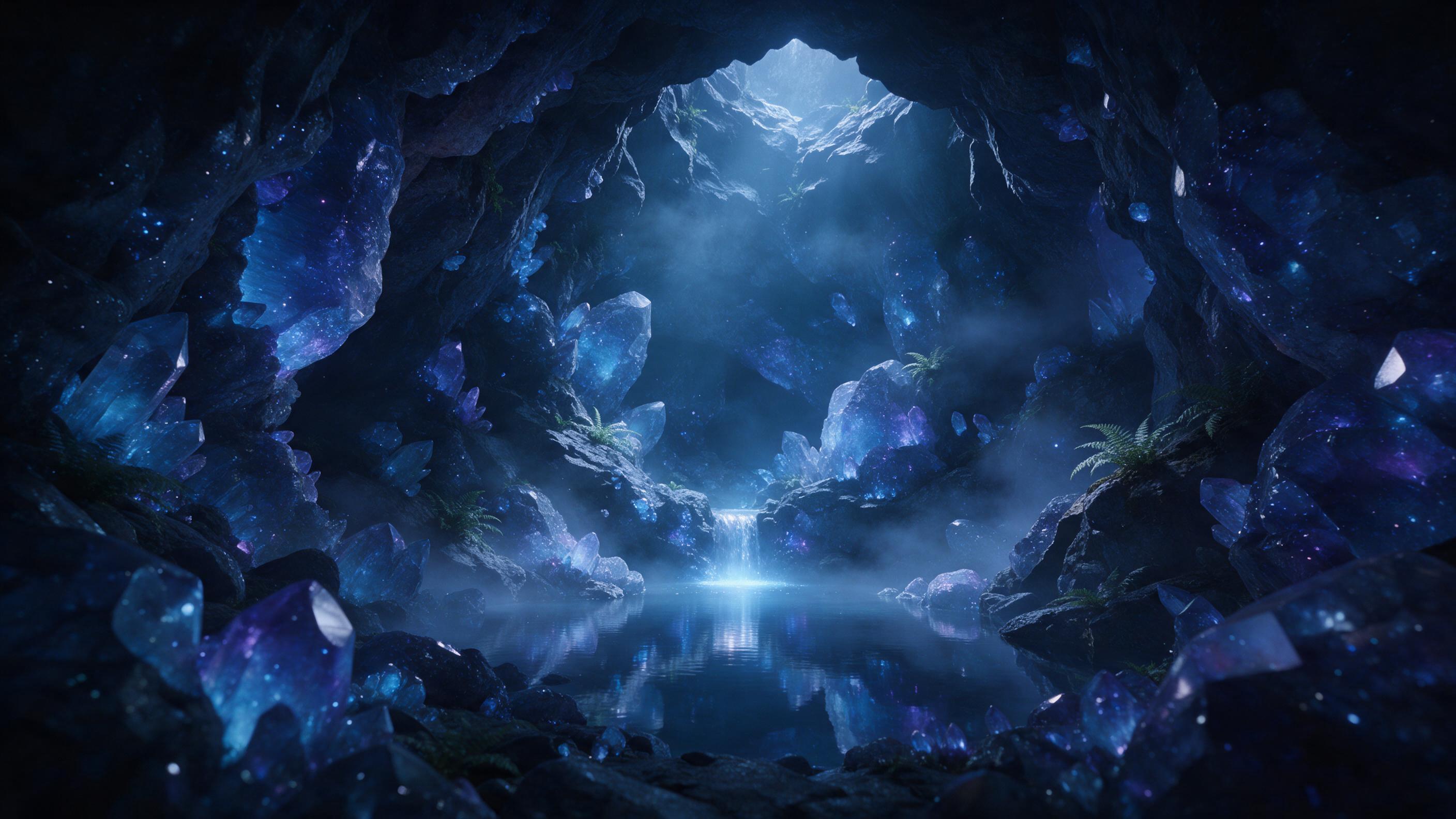 A moonlit crystal cavern deep underground, glowing blue and purple geode formations, a small luminous waterfall feeding a mirror-calm pool, ethereal mist drifting, soft volumetric light rays from a crack above, delicate ferns growing in crevices, sense of ancient mystery, cinematic composition with 
