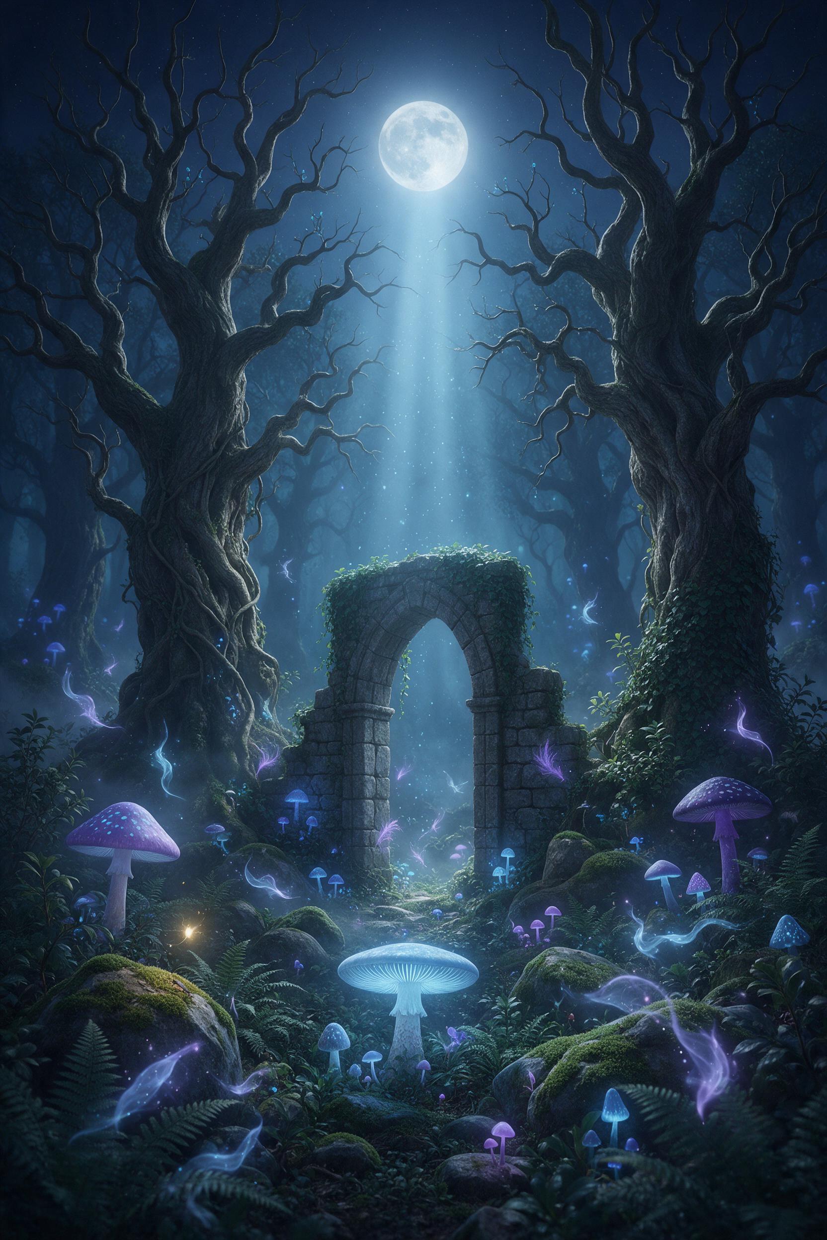 A moonlit enchanted forest, ancient gnarled trees with bioluminescent blue and violet mushrooms, glowing wisps of magic floating among ferns, a small stone ruin overgrown with ivy, soft volumetric moonbeams piercing through mist, mystical atmosphere, ultra-detailed fantasy style, centered compositio