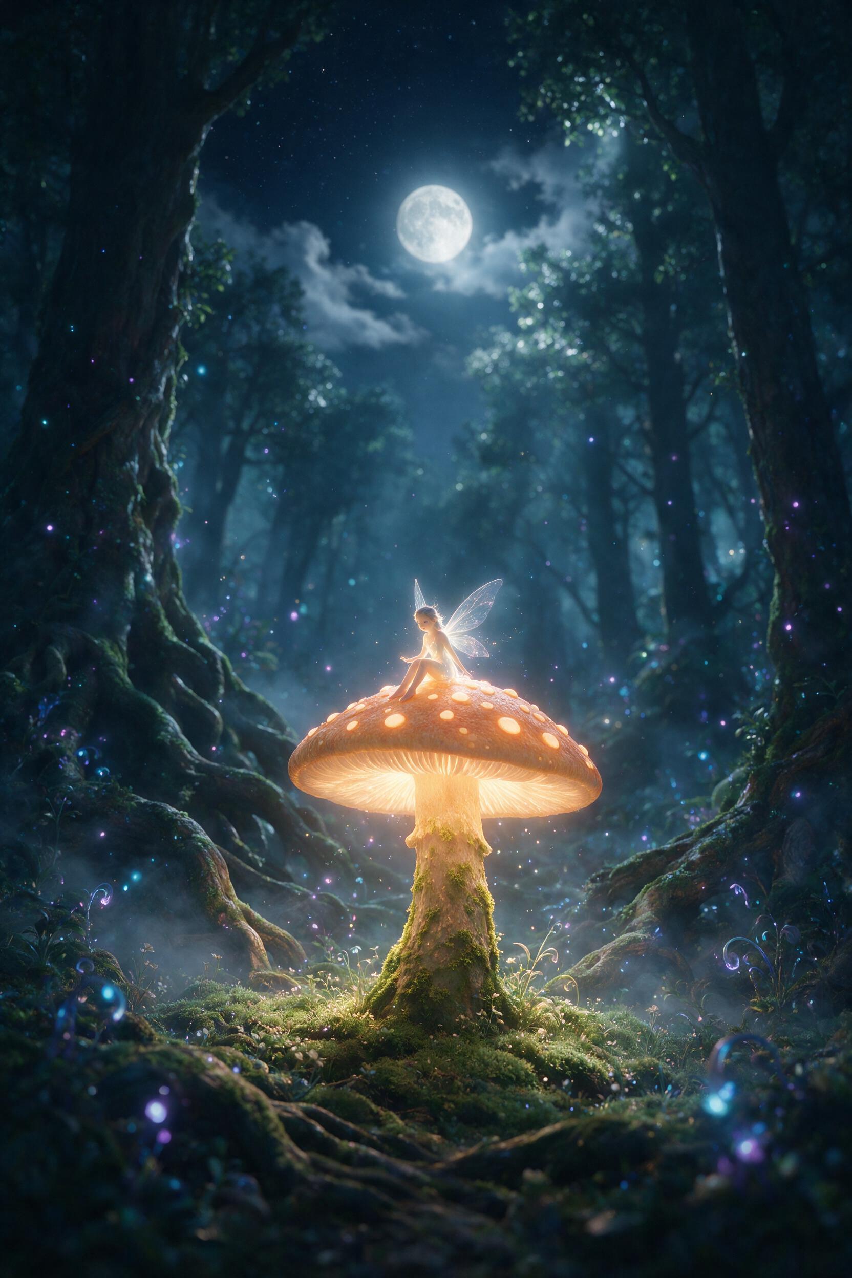 A luminous fairy with translucent wings sits on a glowing mushroom in a moonlit forest, soft blue and purple bioluminescent spores floating in the air, gentle mist curling around ancient tree roots, shallow depth of field with warm amber light from the mushroom cap casting a magical glow on her face