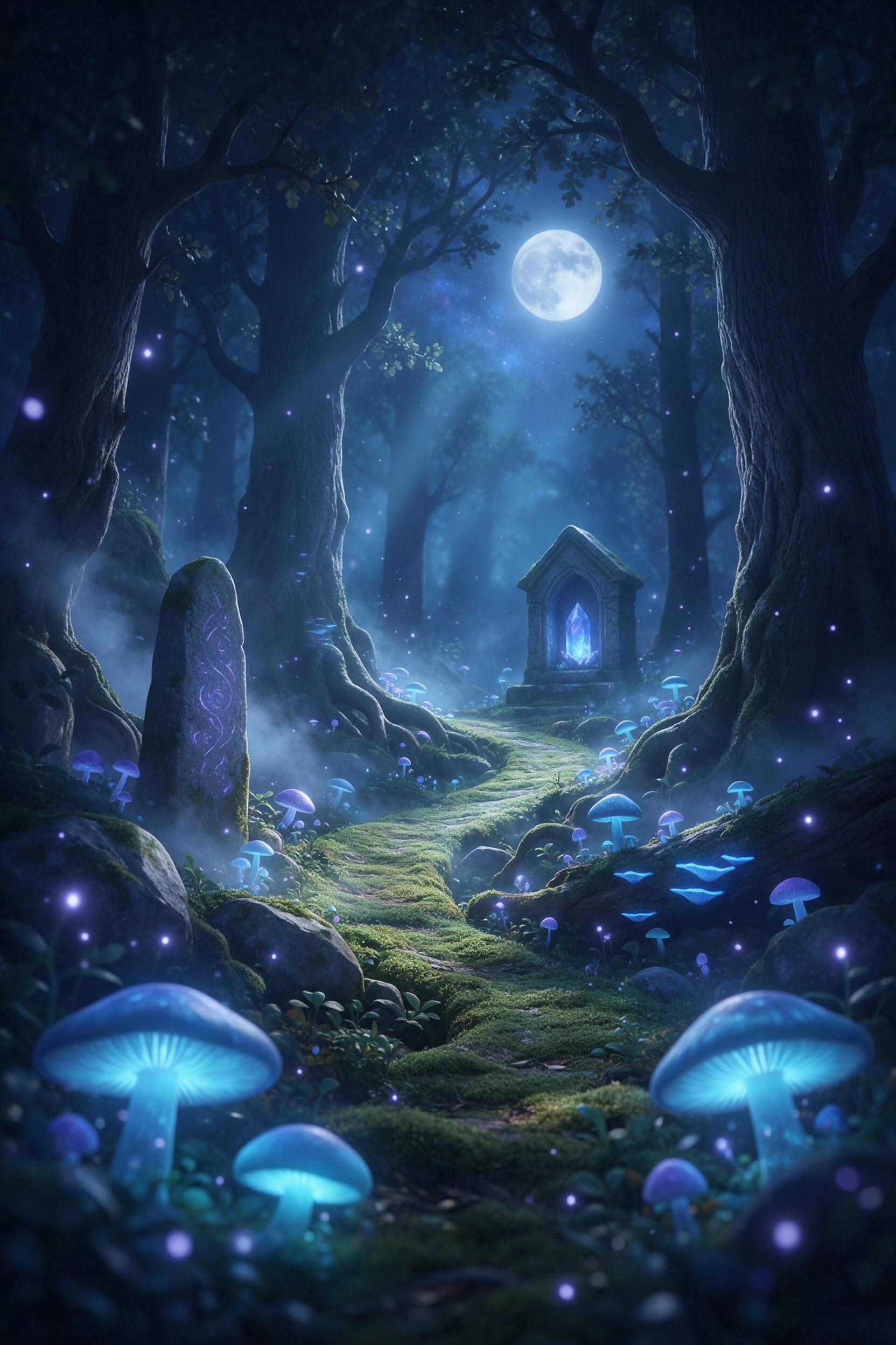 A moonlit ancient forest with bioluminescent mushrooms and floating fireflies, a winding mossy path leading to a glowing crystal shrine, mist curling between ancient oak roots, soft blue and violet tones, dreamy atmosphere, volumetric light through canopy, shallow depth of field, quiet magical still