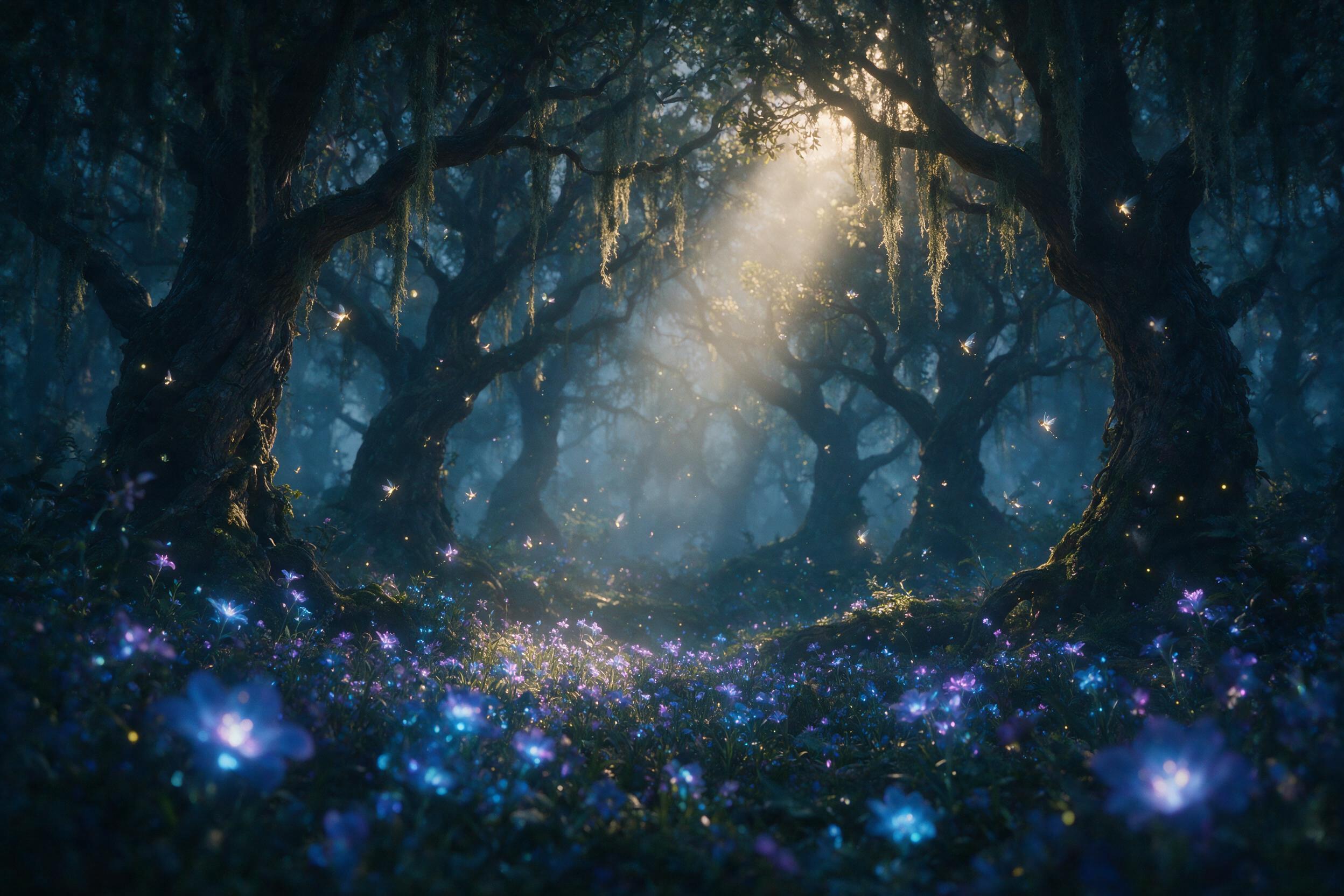 A misty enchanted forest at twilight, bioluminescent flowers glow softly in blue and purple hues, ancient gnarled trees with hanging moss, small glowing fairies flit between branches, shallow depth of field with a single beam of golden moonlight piercing through the canopy, soft natural lighting, ci