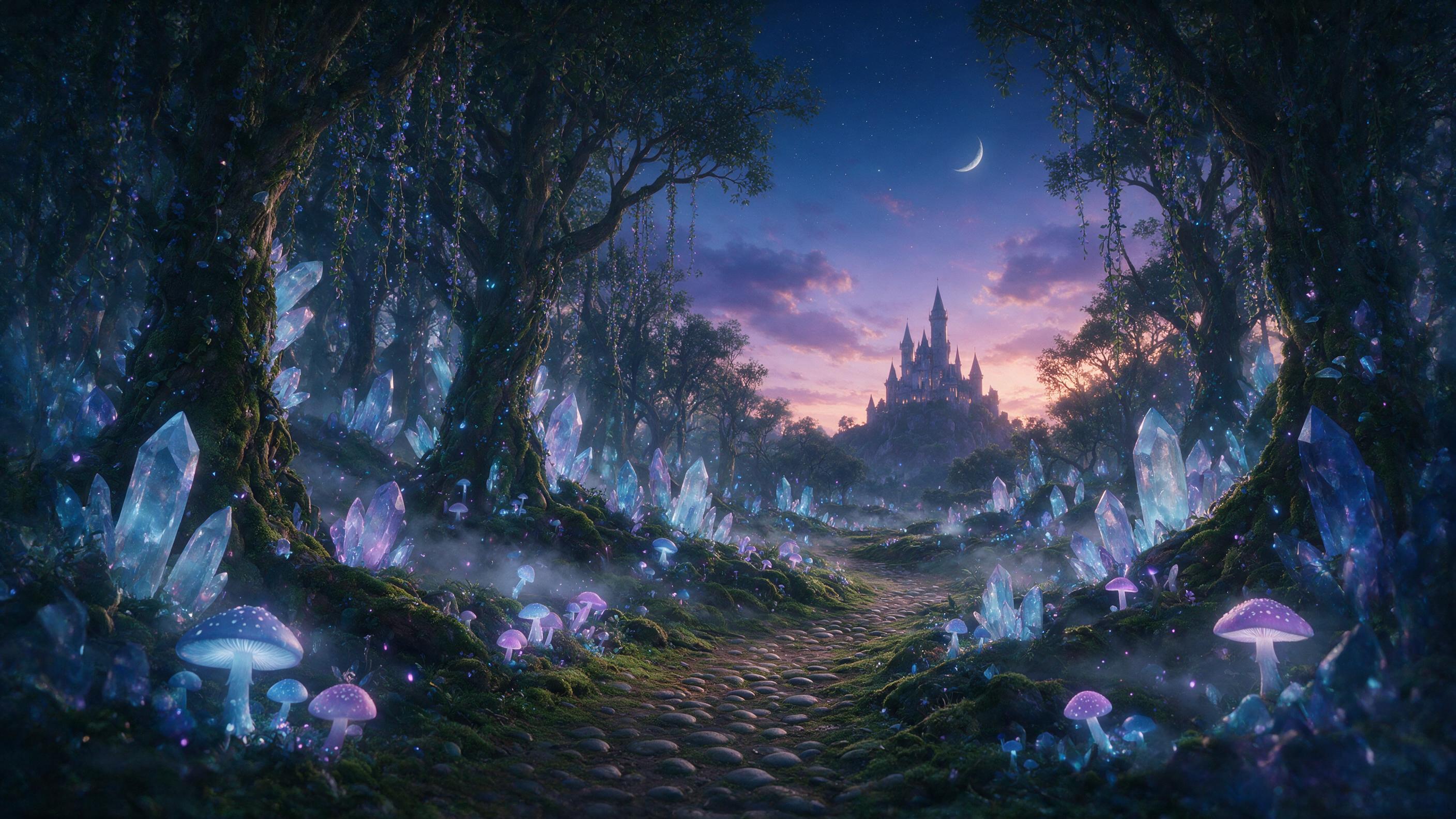 A glowing crystal forest under a twilight sky, bioluminescent mushrooms and hanging vines casting soft blue and violet light, a winding path leading to a distant castle silhouette, mist rolling over mossy ground, delicate particles floating in the air, cinematic composition with deep shadows and war