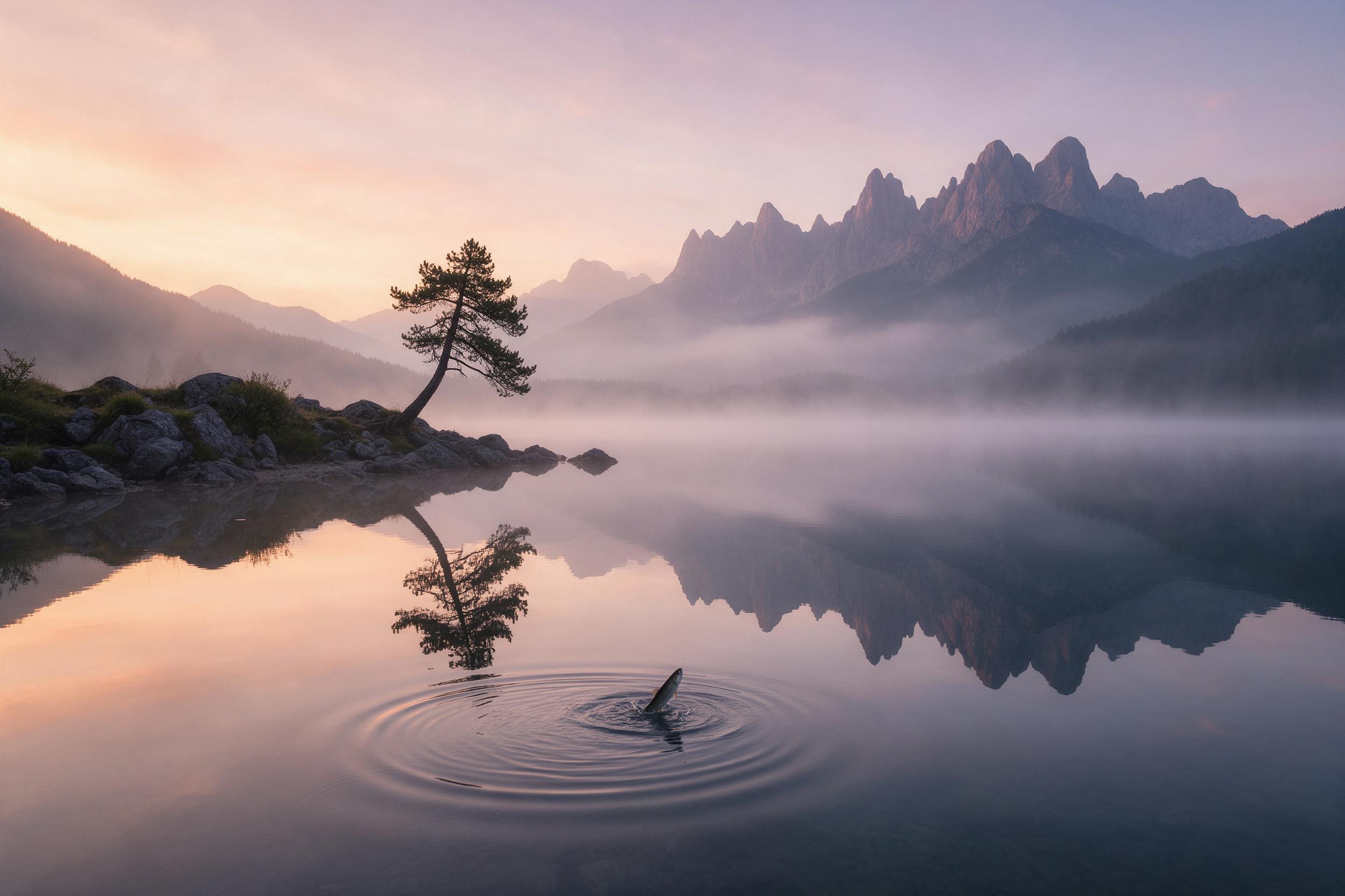 A misty alpine lake at dawn, mirror-like surface reflecting jagged peaks and a soft gradient sky of peach and lavender. A lone pine tree leans over the rocky shore. Gentle ripples from a rising fish break the reflection. Composition: centered horizon, layered mountains fading into haze. Natural ligh