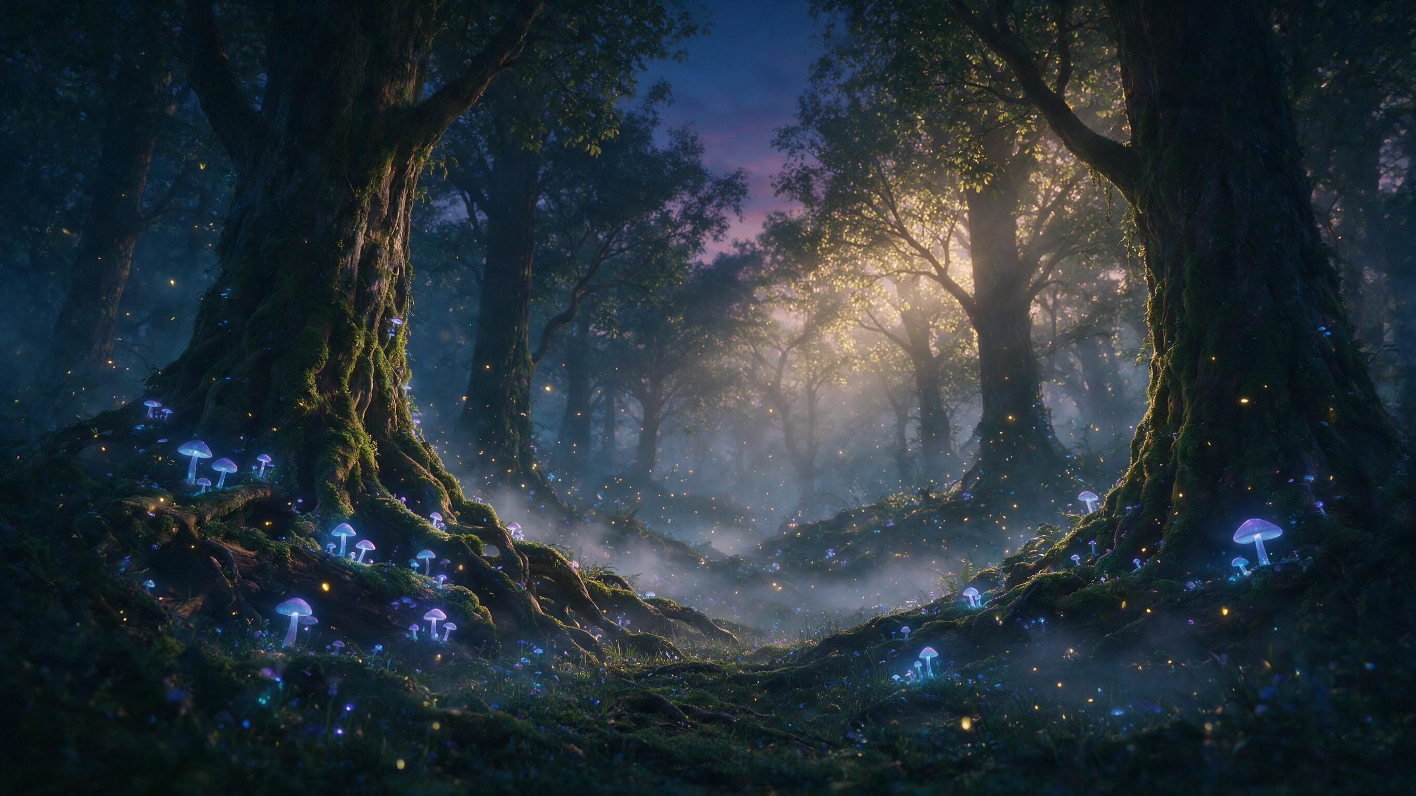 A misty enchanted forest at twilight, bioluminescent mushrooms glowing in soft blue and purple hues, ancient moss-covered trees with twisted roots, fireflies dancing in the air, ethereal fog rolling through the ground, warm golden light filtering through the canopy, cinematic composition, dreamy atm