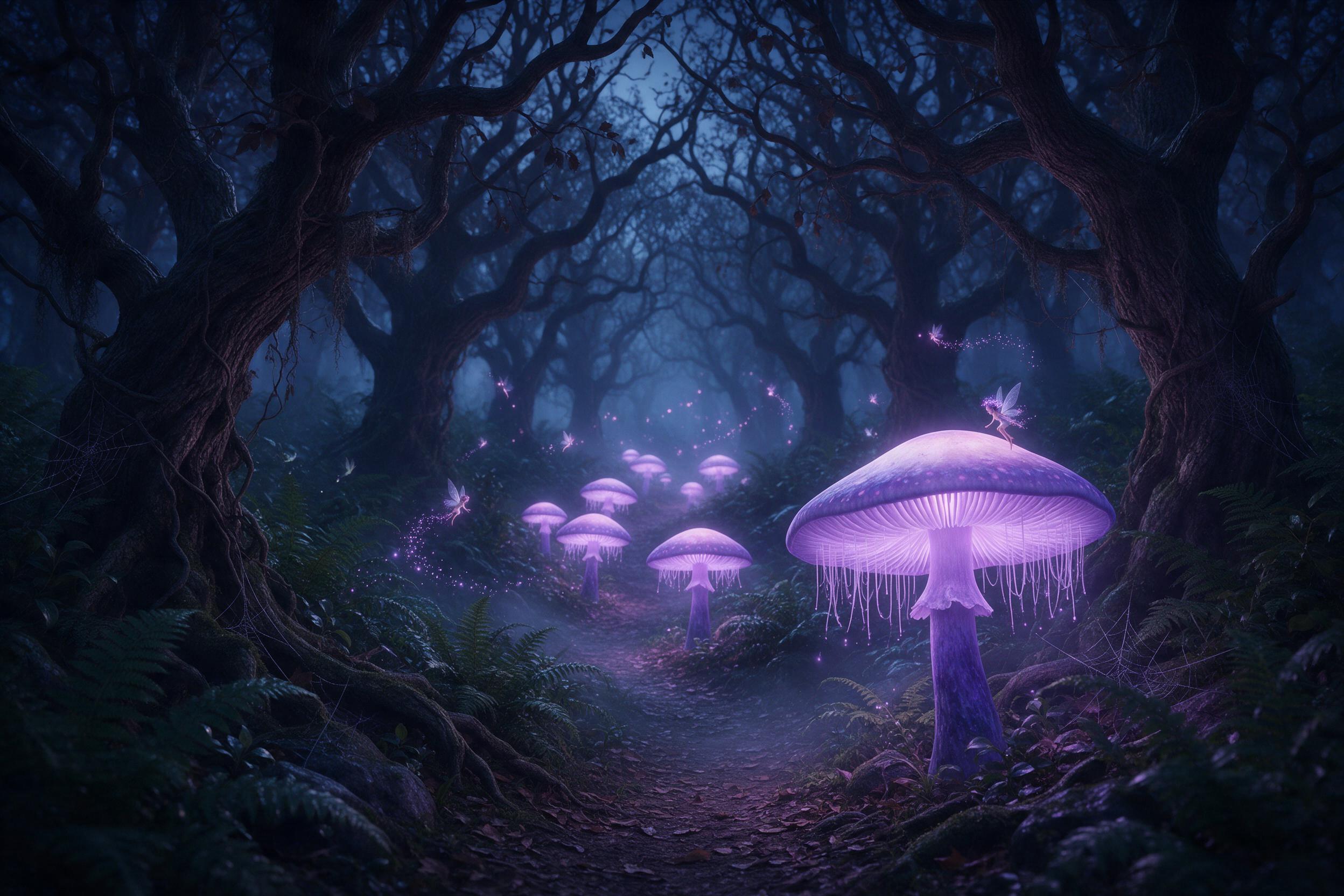 A misty twilight forest, giant glowing mushrooms casting soft violet light on a winding path, tiny winged fairies with trailing sparkles flit between ferns, ancient twisted oaks, silvery cobwebs, damp air, dreamlike, centered composition with depth into the trees