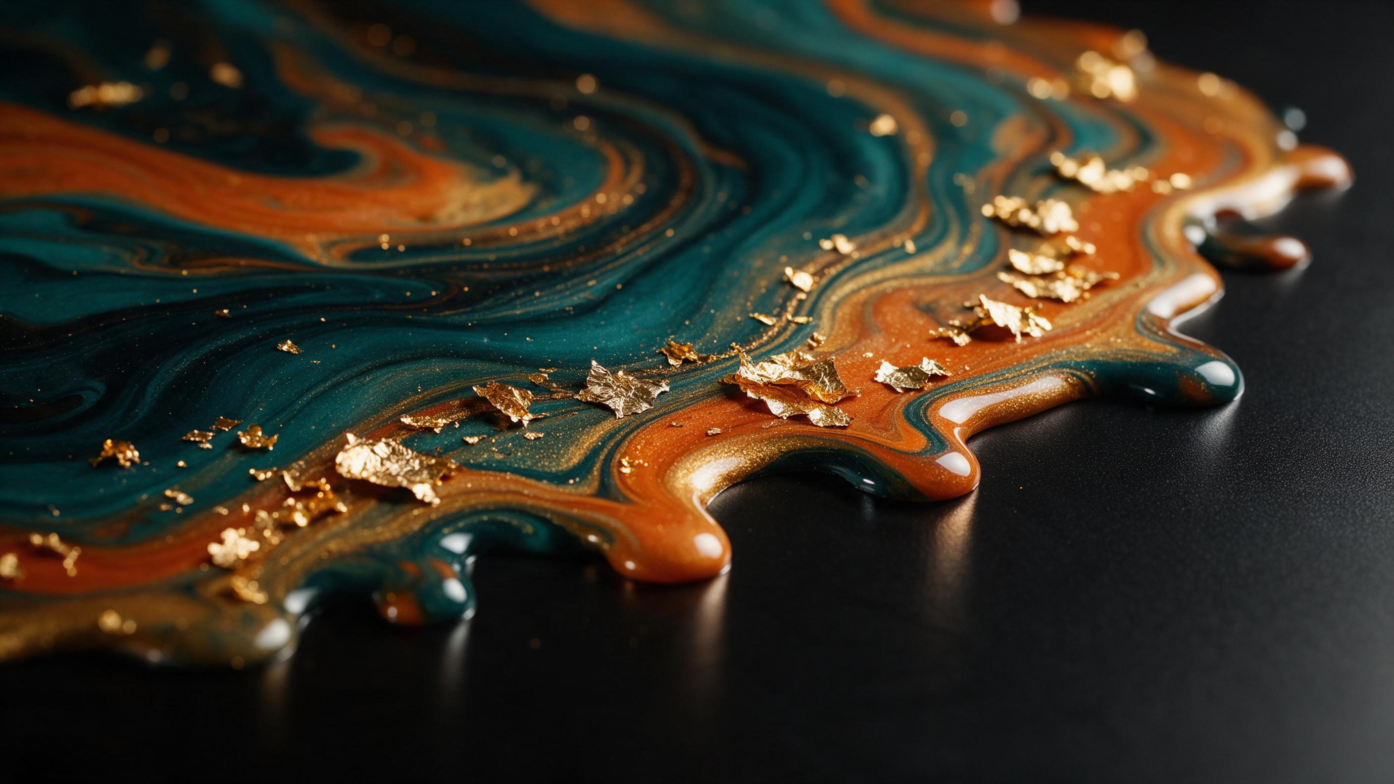 Fluid acrylic swirls in deep teal, burnt orange and gold, with glossy resin drips and metallic leaf fragments, macro lens, dramatic side lighting casting soft reflections on a matte black surface