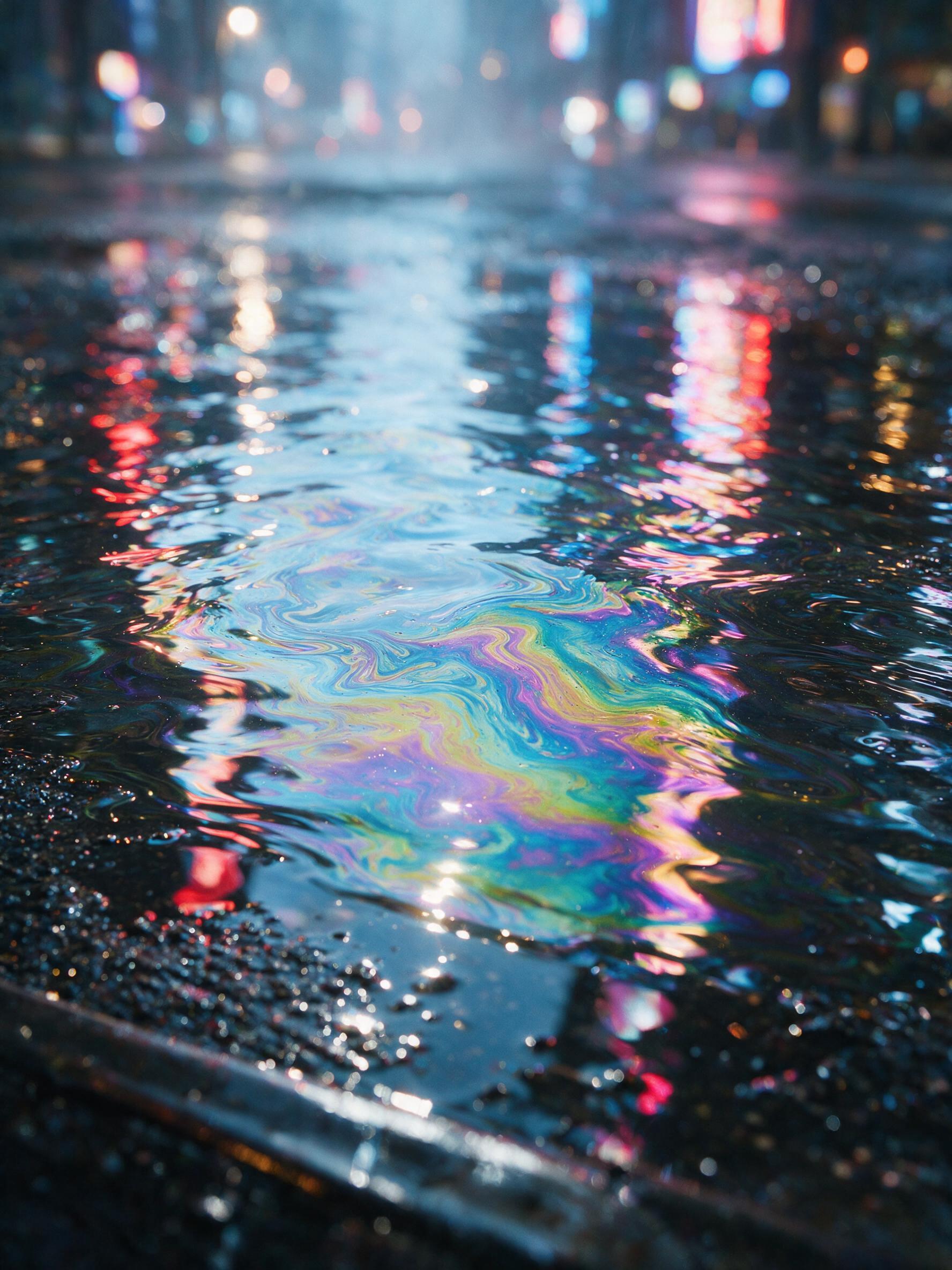 A close-up of rippling, iridescent oil on a puddle of water, reflecting fragmented neon city lights, shot at f/2.8 with a macro lens, creating a shallow depth of field and painterly bokeh, slightly overexposed highlights.