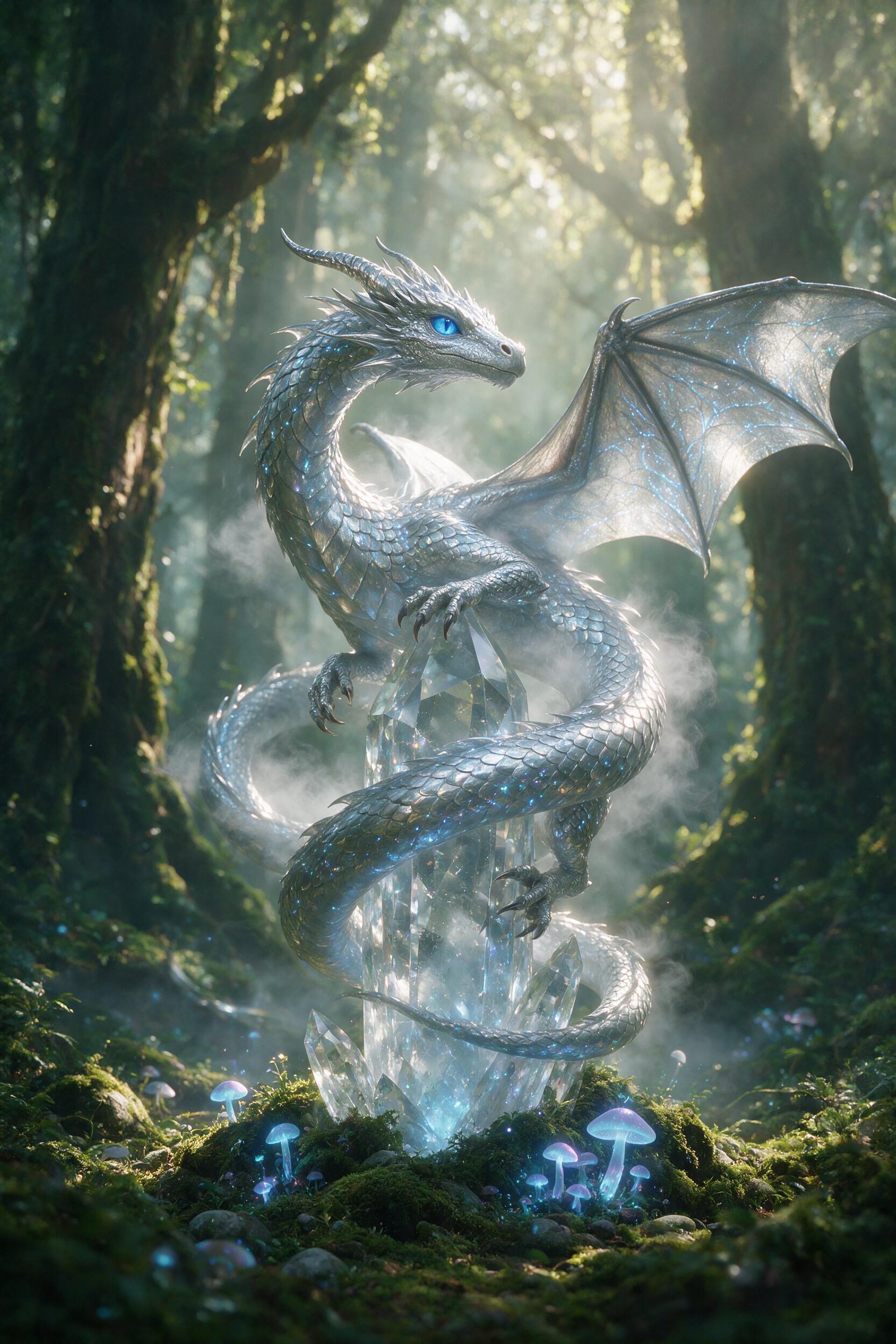 A luminous silver dragon coiled around a crystal spire in a misty forest, bioluminescent mushrooms glowing faintly at its base, soft golden sunlight filtering through ancient leaves, gentle fog curling around the dragon's scales, shallow depth of field with the dragon's eye sharp and the background 