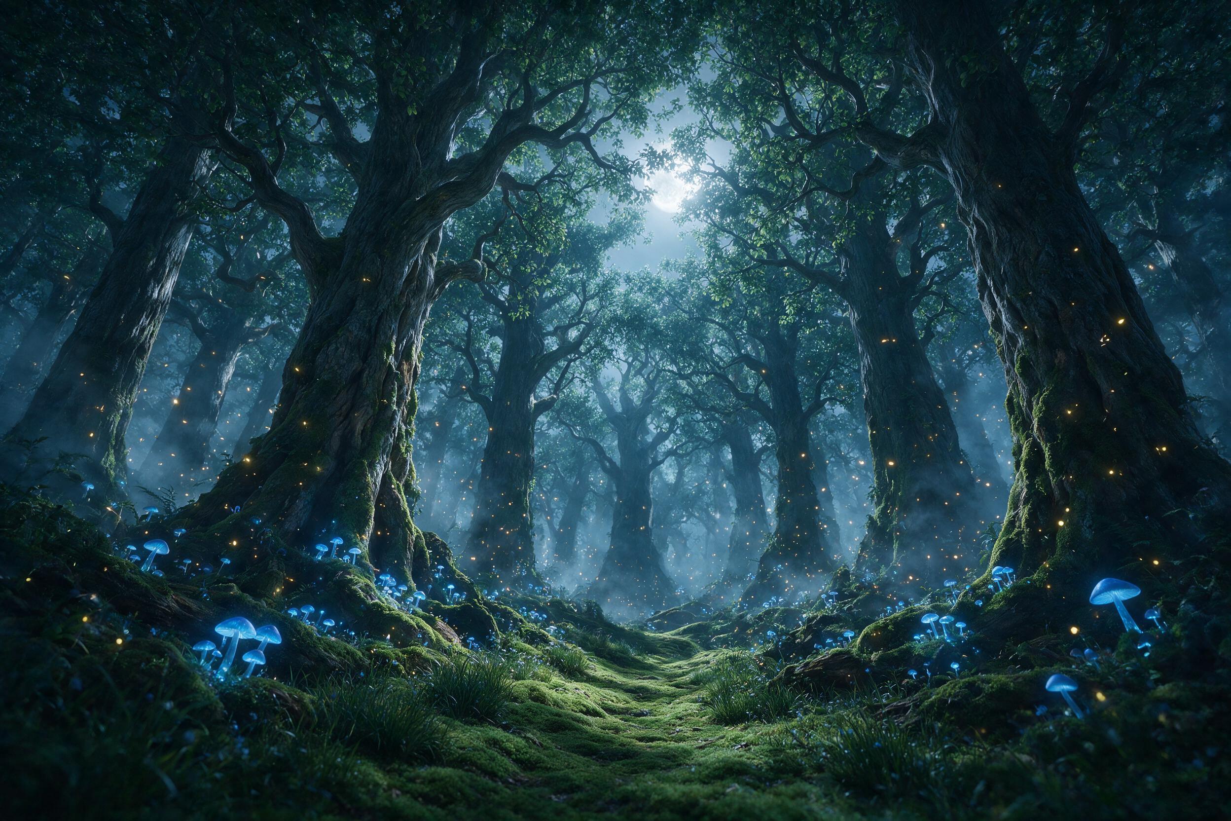 A moonlit enchanted forest, ancient gnarled trees with glowing blue mushrooms at their roots, a narrow winding path covered in soft moss, fireflies drifting in the air, ethereal mist curling between trunks, cool silver-blue palette with warm amber accents, low-angle composition emphasizing towering 
