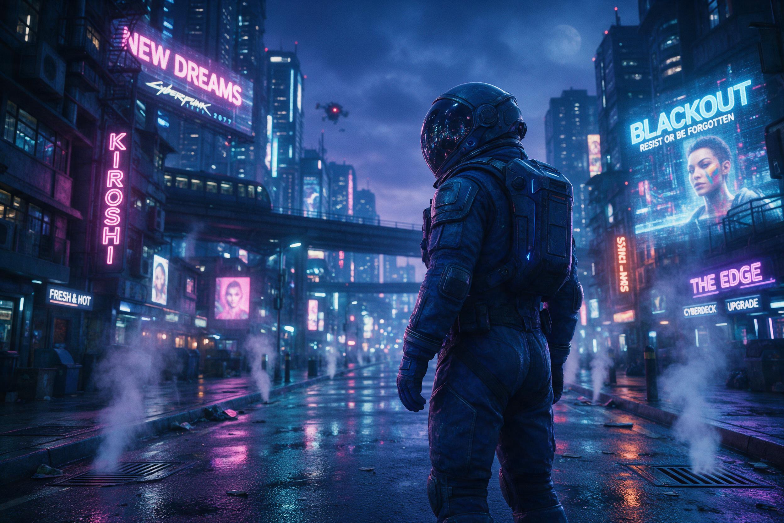A lone astronaut stands on a rain-soaked neon-lit street, reflective visor mirroring holographic advertisements of a dense cyberpunk city. Steam rises from vents, soft bokeh from distant lights, cool blue and violet tones with warm cyan highlights. Slight camera shake, cinematic shallow depth of fie