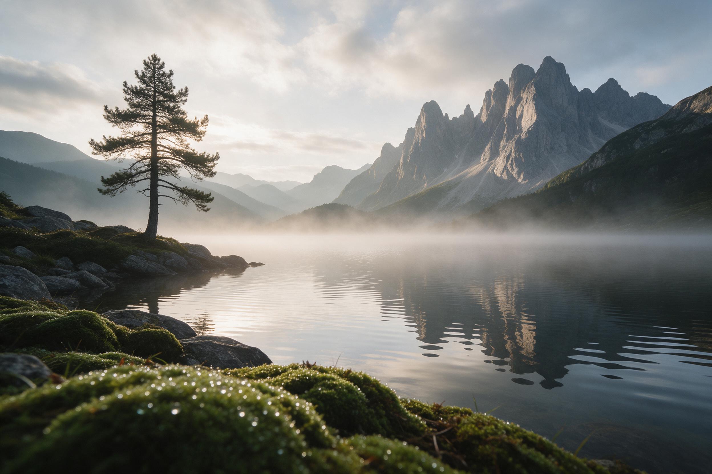 A misty alpine lake at dawn, mirrored surface reflecting jagged granite peaks, soft golden light breaking through thin clouds, lone pine tree on rocky shore, dew-kissed moss foreground, gentle ripples, serene atmosphere, wide-angle composition with layered mountain ridges fading into distance.