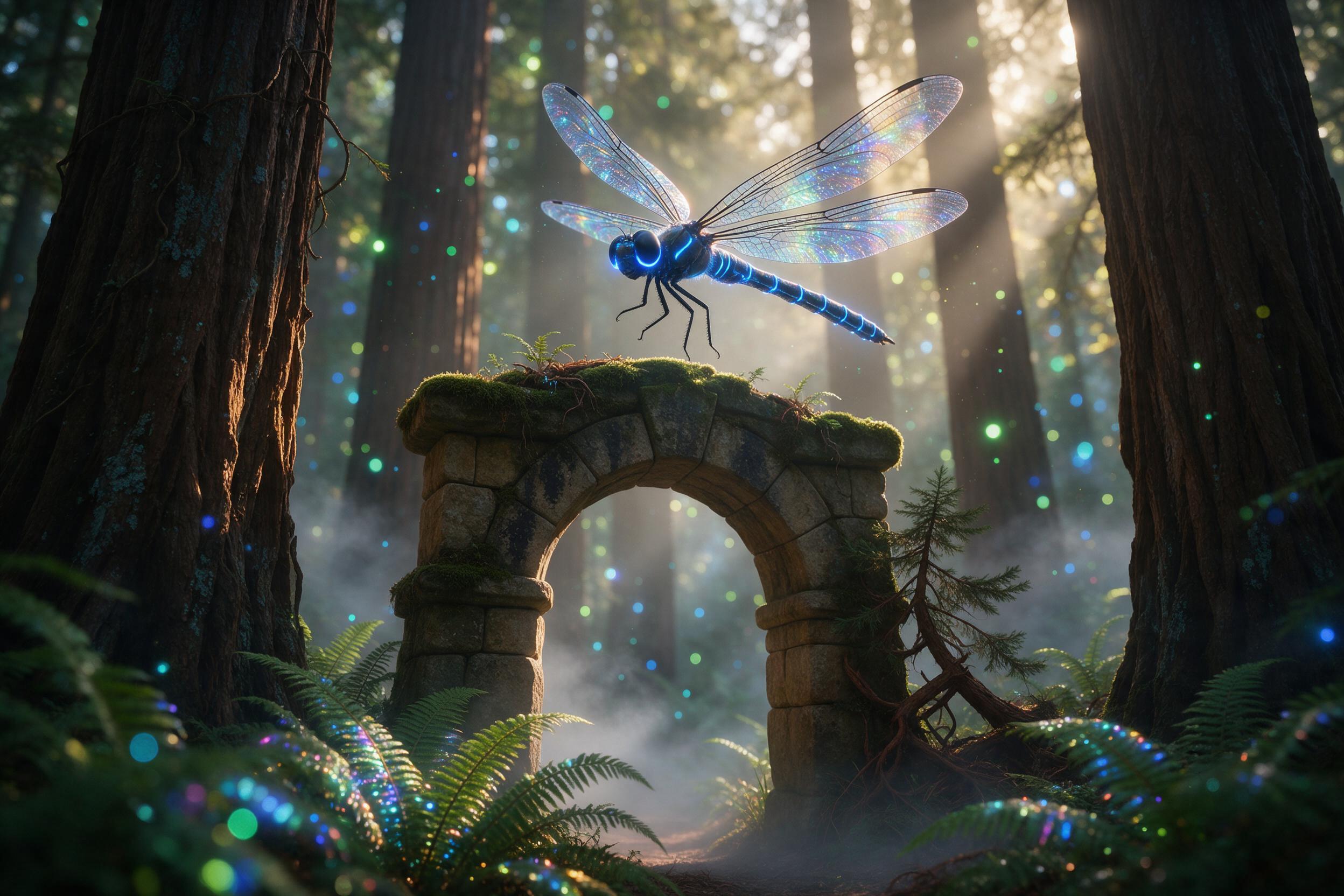 A bioluminescent dragonfly the size of a hawk hovers above a moss-covered stone archway in an ancient forest. Its wings cast shifting prismatic light on the ferns below. Mist weaves through towering redwoods. Soft golden hour glow filters through the canopy, with bokeh sparks of green and blue. Cent