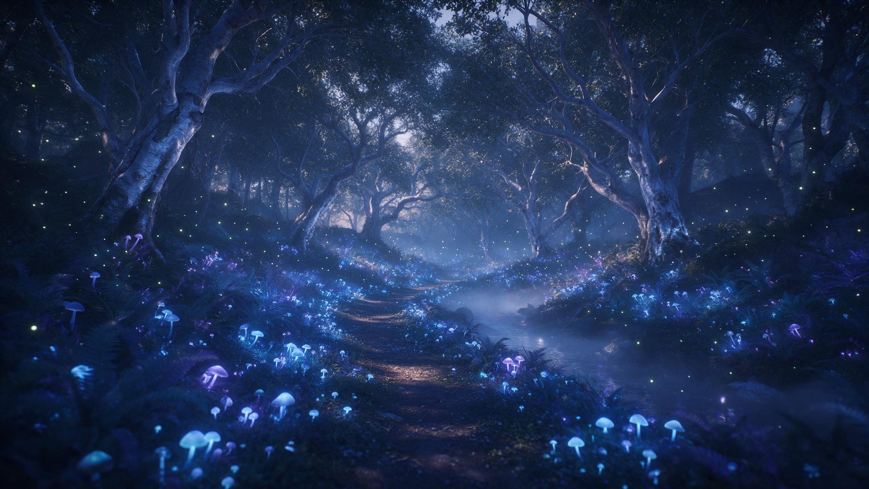 An ethereal forest at twilight, where bioluminescent mushrooms and glowing ferns line a winding path, their soft blue and violet light reflecting off a misty stream. Ancient, gnarled trees with silver bark arch overhead, casting dappled shadows. Fireflies drift like tiny stars, and a faint, magical 