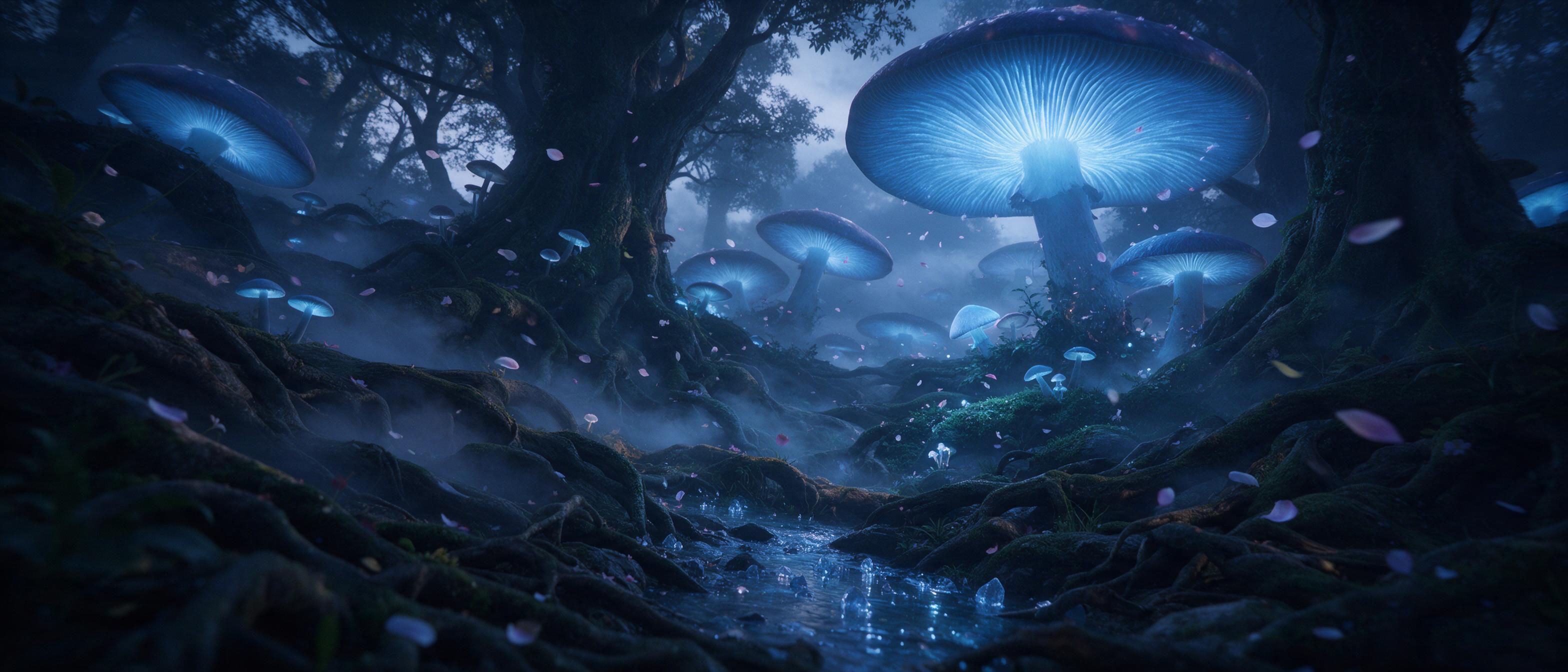 A lush ancient forest at twilight, enormous glowing bioluminescent mushrooms casting soft blue light, mist weaving between gnarled tree roots, a small crystalline stream reflecting the cold moonlight, scattered petals drifting, voluminous fog, cinematic wide shot with layered depth, natural color pa