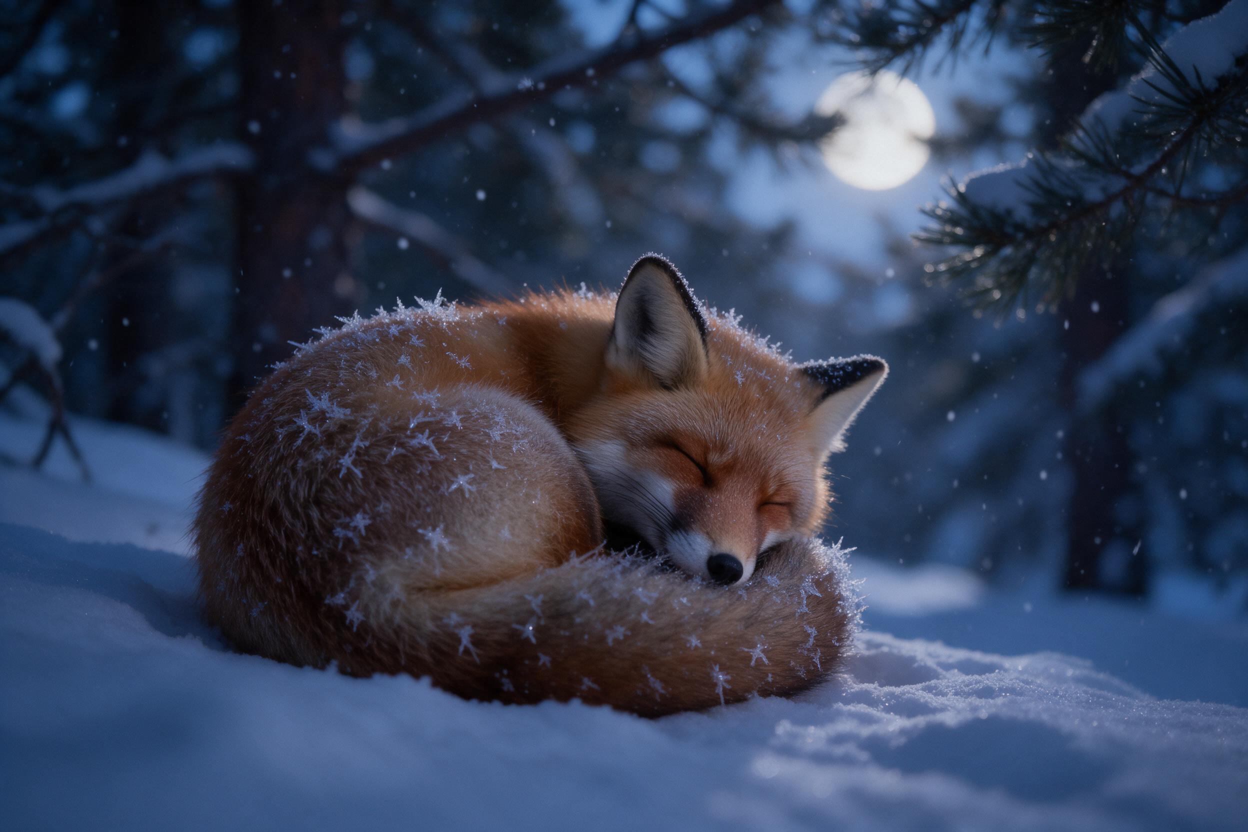 A crimson fox curls asleep in a moonlit snowy pine forest, frost crystals clinging to its fur, soft blue hour light filtering through branches, gentle snowfall, shallow depth of field with blurred background, naturalistic texture and subtle grain.