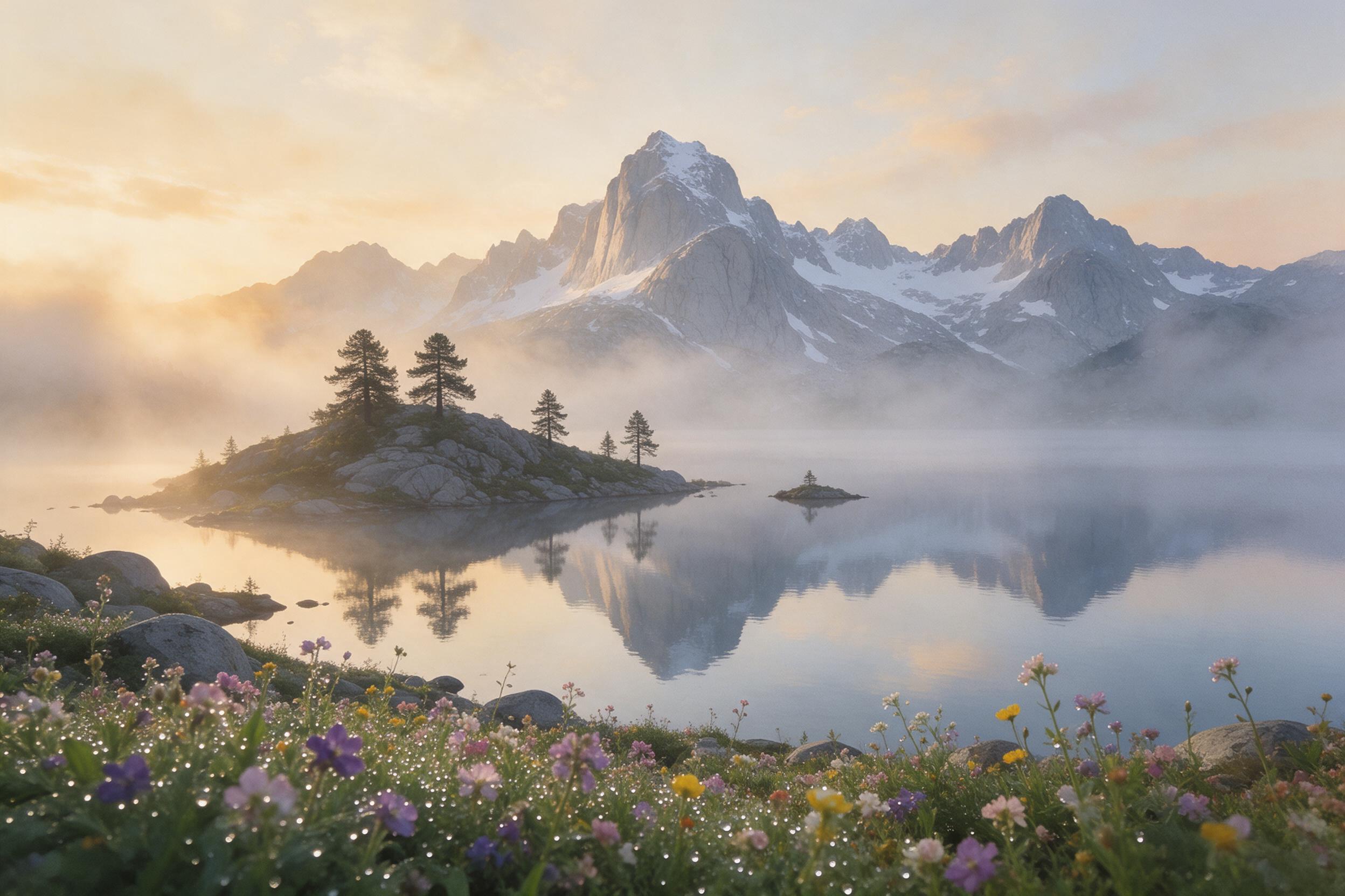 A misty alpine lake at dawn, mirror-still surface reflecting snow-dusted granite peaks, scattered pine silhouettes along the rocky shore, soft amber sunlight breaking through low fog, dew-diamonded wildflowers in the foreground, tranquil watercolor-like atmosphere, no people, no man-made objects, sl