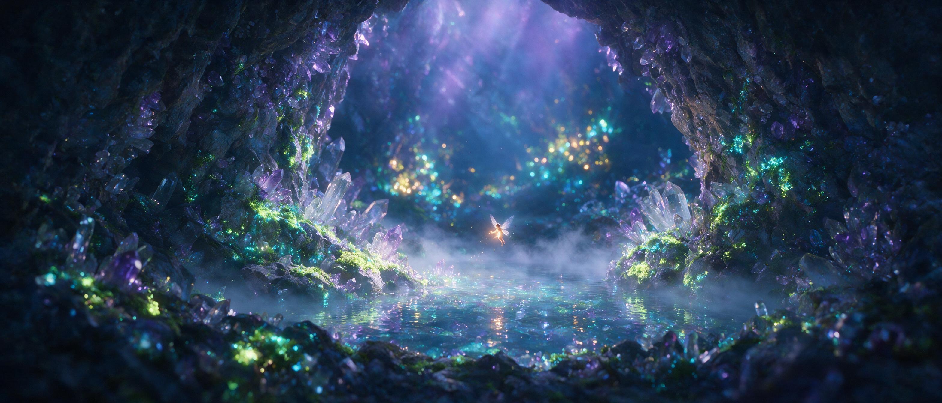 A luminous crystal cave at twilight, glowing bioluminescent moss on jagged rocks, a small fairy with translucent wings hovering near a pool of shimmering water, soft purple and blue light rays, misty atmosphere, subtle bokeh in the background, cinematic composition, warm amber highlights on the fair