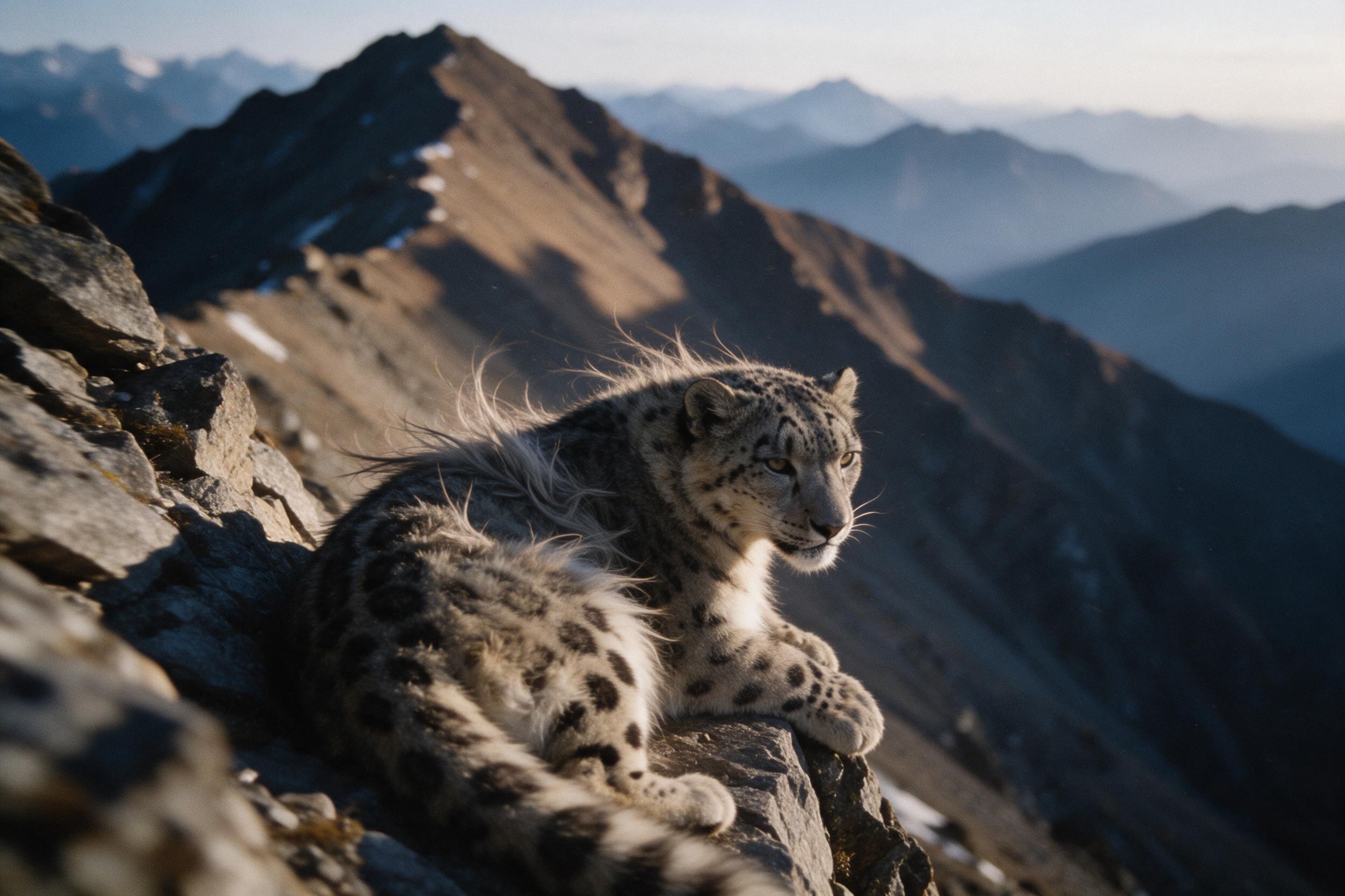 A snow leopard rests on a narrow rock ledge high in the Himalayas, its thick spotted fur ruffled by a sharp wind. Soft amber evening light casts long shadows across the ridgeline, while distant peaks fade into layered blue haze. Grainy 35mm film texture, shallow depth of field, slight motion blur in