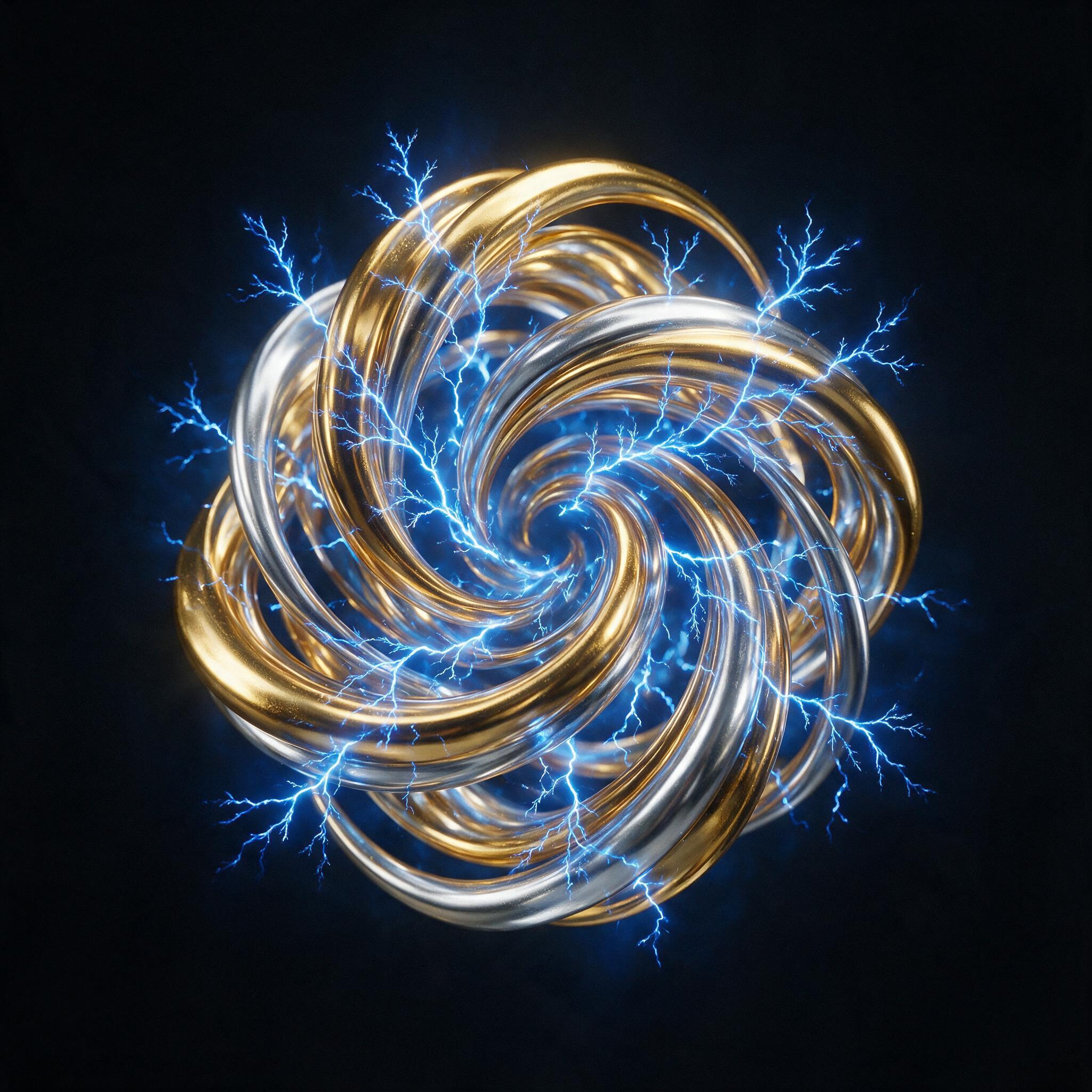 A fluid sculpture of molten gold and silver swirls against a deep black background. Fractal branches of electric blue crackle through the metallic curves. Glowing UV light casts sharp highlights on the polished metal. Minimalist composition, centered focus.