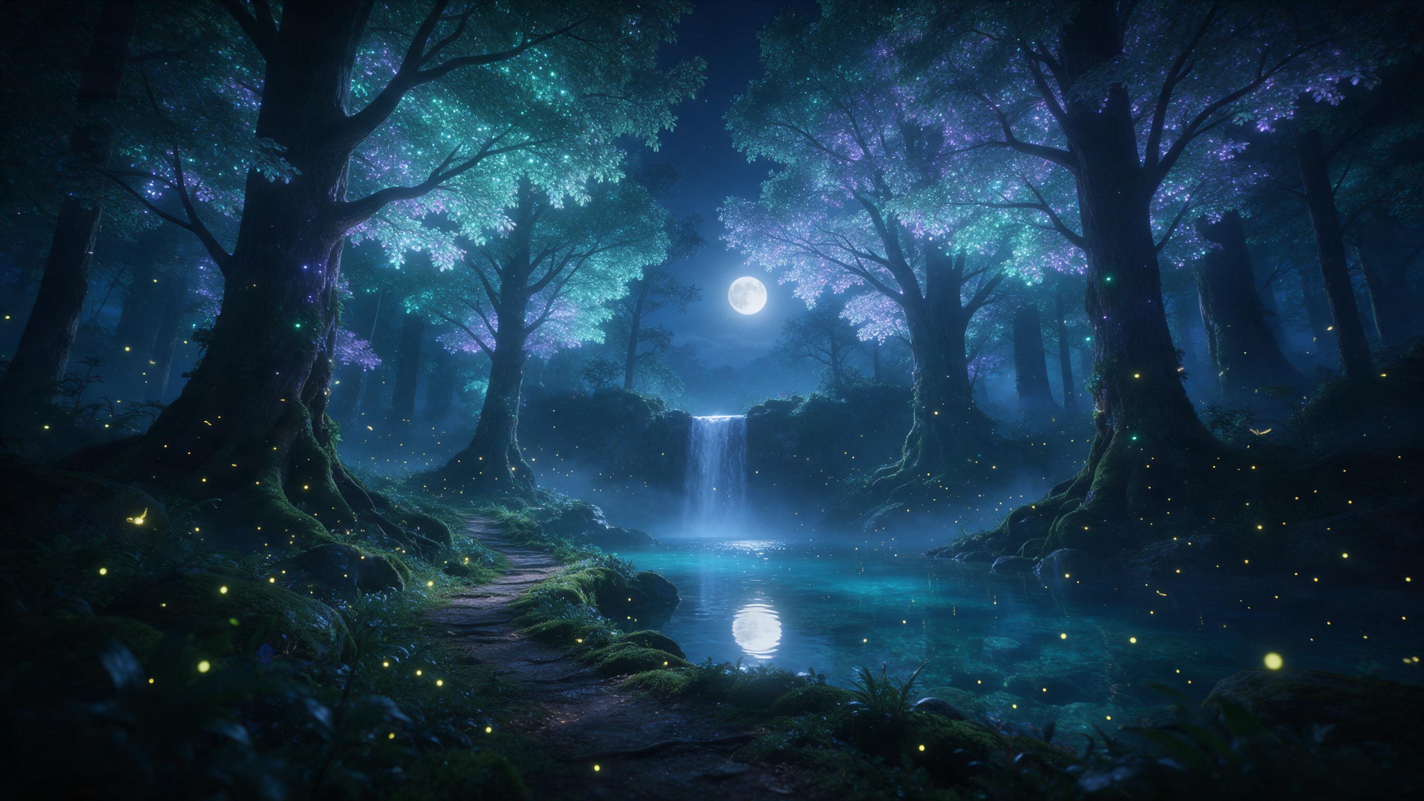 A moonlit ancient forest with towering bioluminescent trees, their leaves glowing in soft teal and violet hues. A winding mossy path leads to a hidden waterfall that cascades into a crystal-clear pool reflecting the full moon. Fireflies drift lazily in the mist, casting golden specks of light. Compo