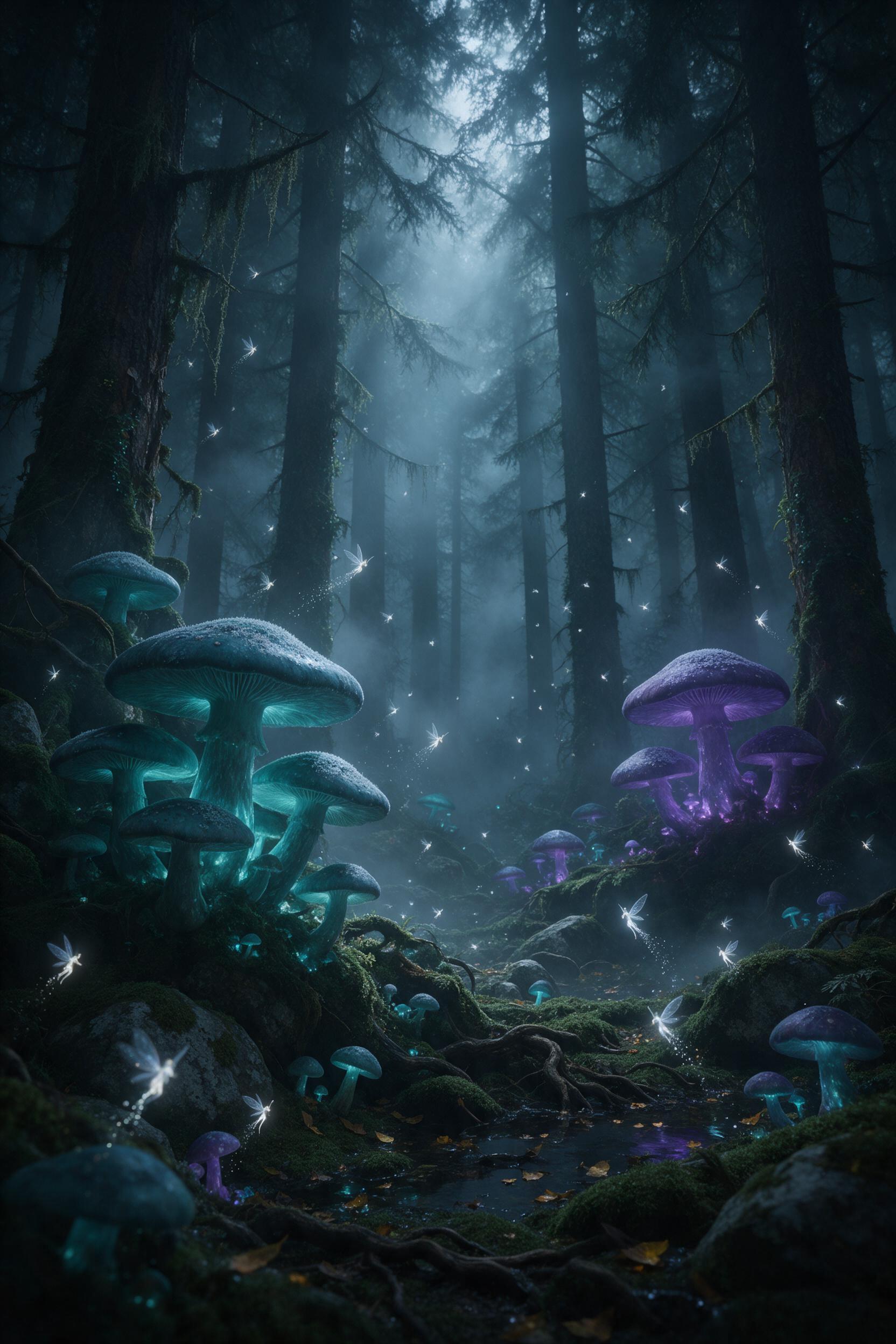 A misty ancient forest where giant bioluminescent mushrooms in deep teal and violet glow softly, casting light on mossy stones and twisted roots. Tiny glowing fairies drift like fireflies, leaving shimmering trails. Fog weaves between towering pines, rays of moonlight filtering through the canopy. C