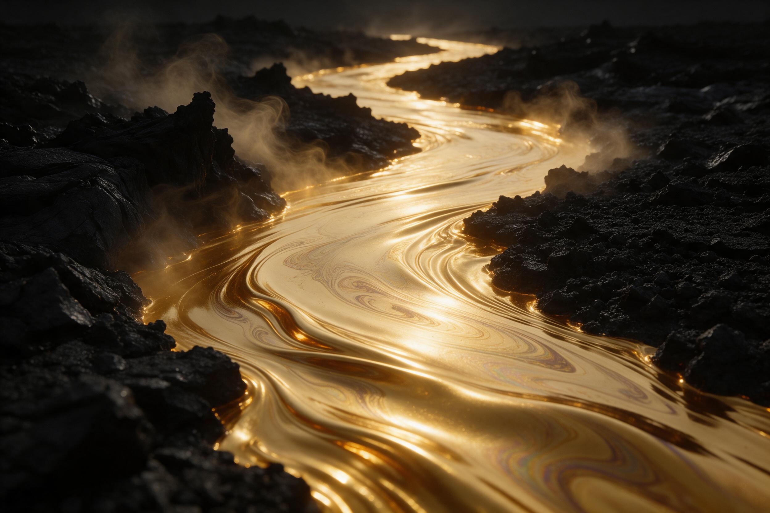 A flowing river of molten gold cutting through a dark obsidian plain, with iridescent oil-slick patterns swirling on the surface, soft mist rising from the edges, low-angle composition, dramatic chiaroscuro lighting, subtle reflections off the metallic liquid, minimal color palette of gold, black, a