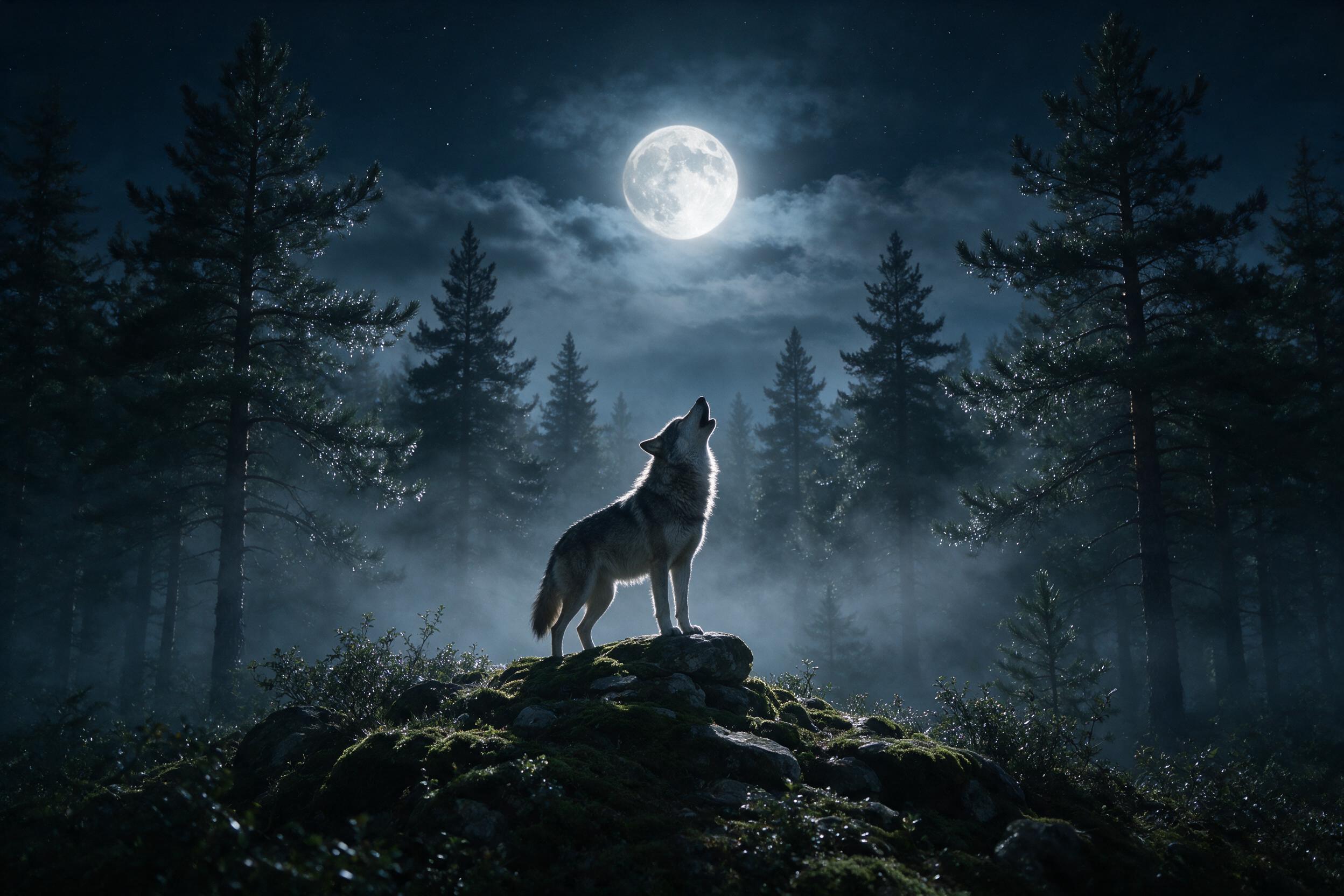 A wolf howling at the moon, silhouetted against a misty forest, pine trees in the background, moonlight casting silver highlights, natural composition, eye-level shot, soft mist, no artificial light sources.