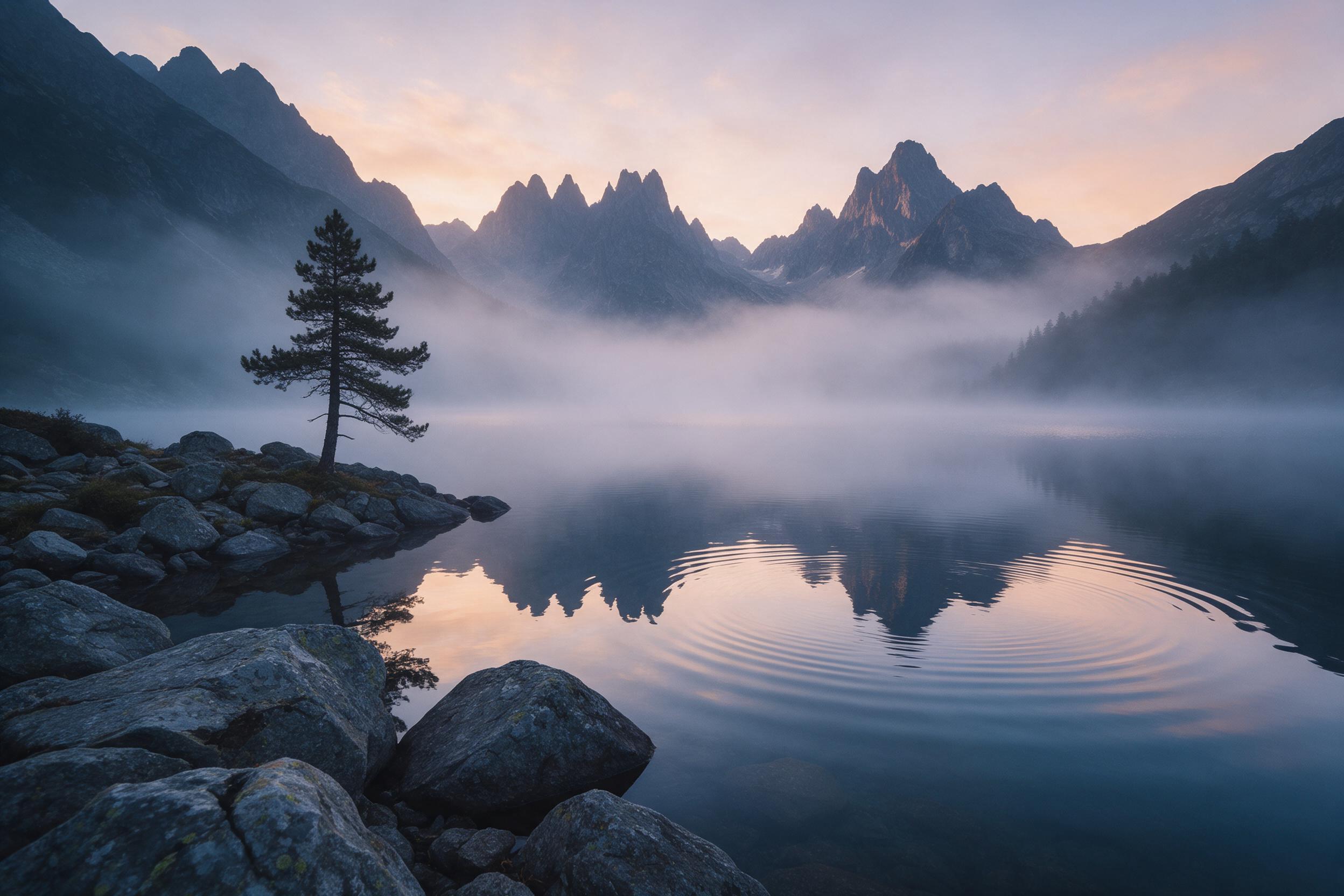 A misty mountain lake at dawn, mirror-like water reflecting jagged peaks, soft peach and lavender sky, lone pine tree on rocky shore, gentle ripples, cool blue and warm orange tones, wide-angle composition with foreground rocks