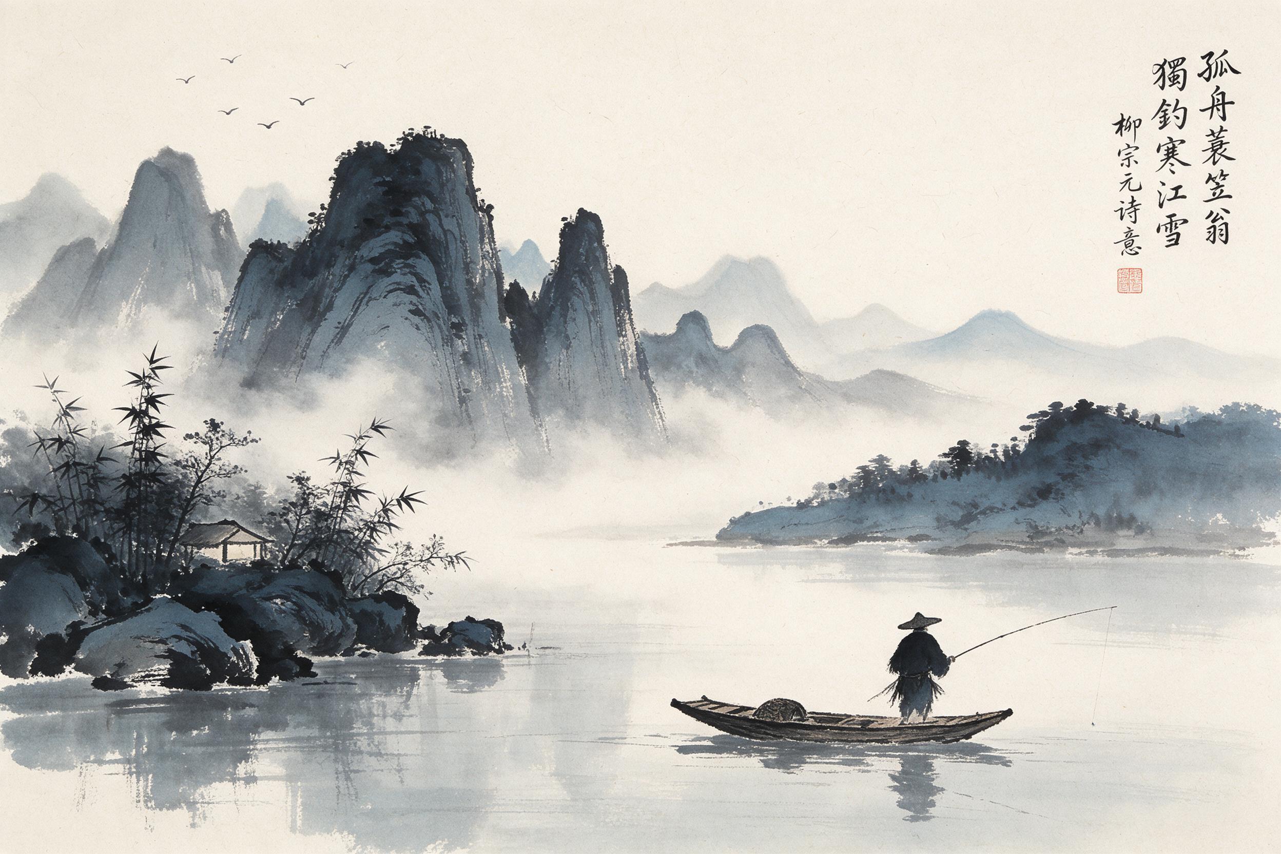 A Chinese ink wash painting of misty mountains layered in fading blues, a lone fisherman on a wooden boat in the foreground, brush strokes visible, soft washes of gray and indigo, blank space for breathing, paper texture, gentle morning light