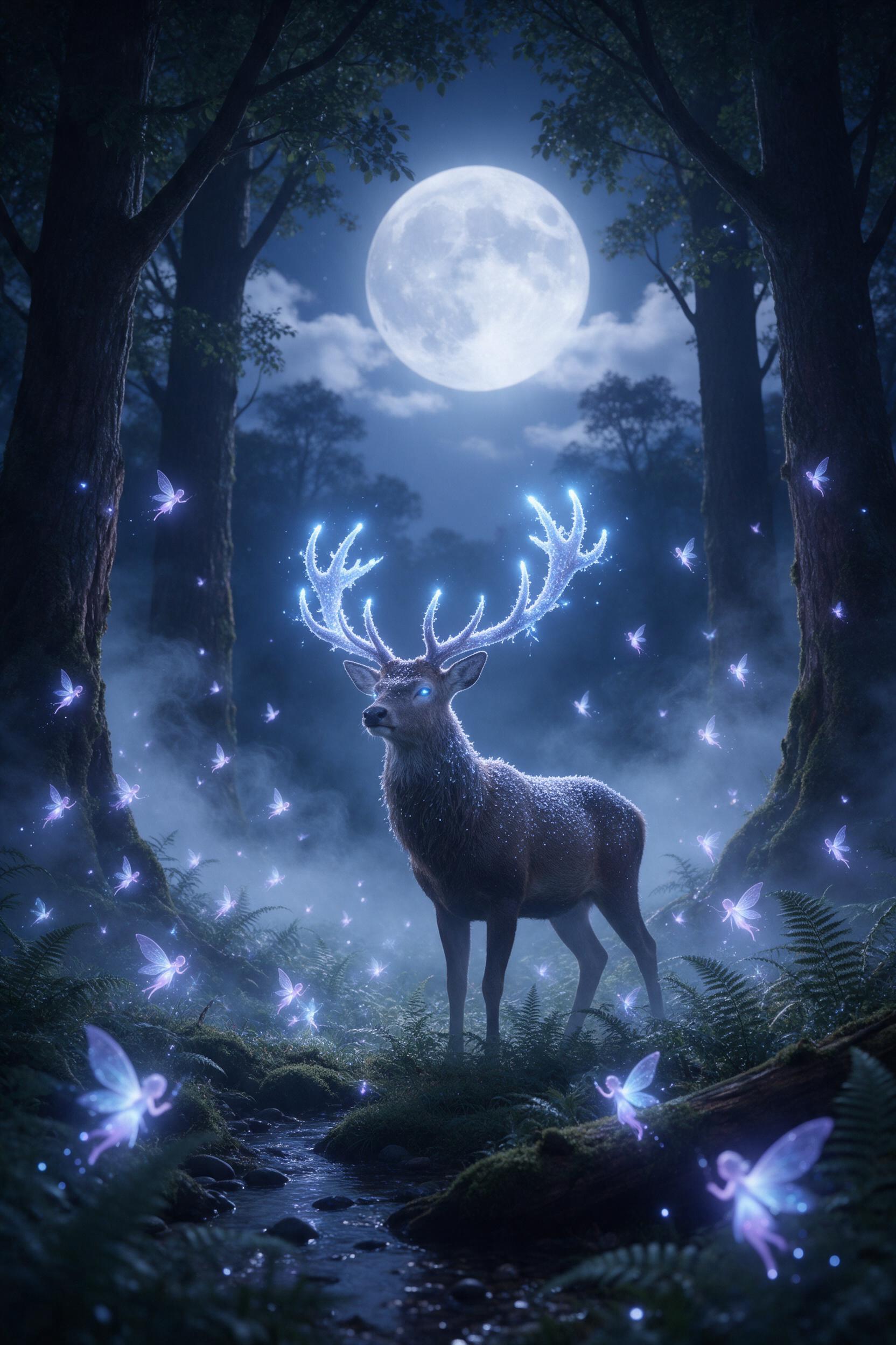 A moonlit forest clearing with a bioluminescent stag, antlers glowing like frost, small glowing fae hovering among ferns, soft blue and violet light, mist curling around ancient trunks, wide-angle shot, sharp focus on the stag, serene magical atmosphere.