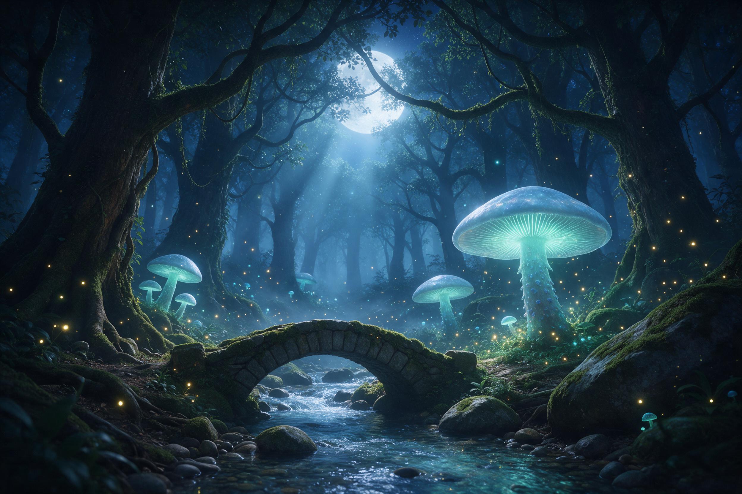 A hidden fairy glade deep in an ancient forest, fireflies swirling around giant glowing mushrooms, a small stone bridge over a crystal brook, moonlight filtering through misty canopy, ethereal blue and green palette, soft magical atmosphere