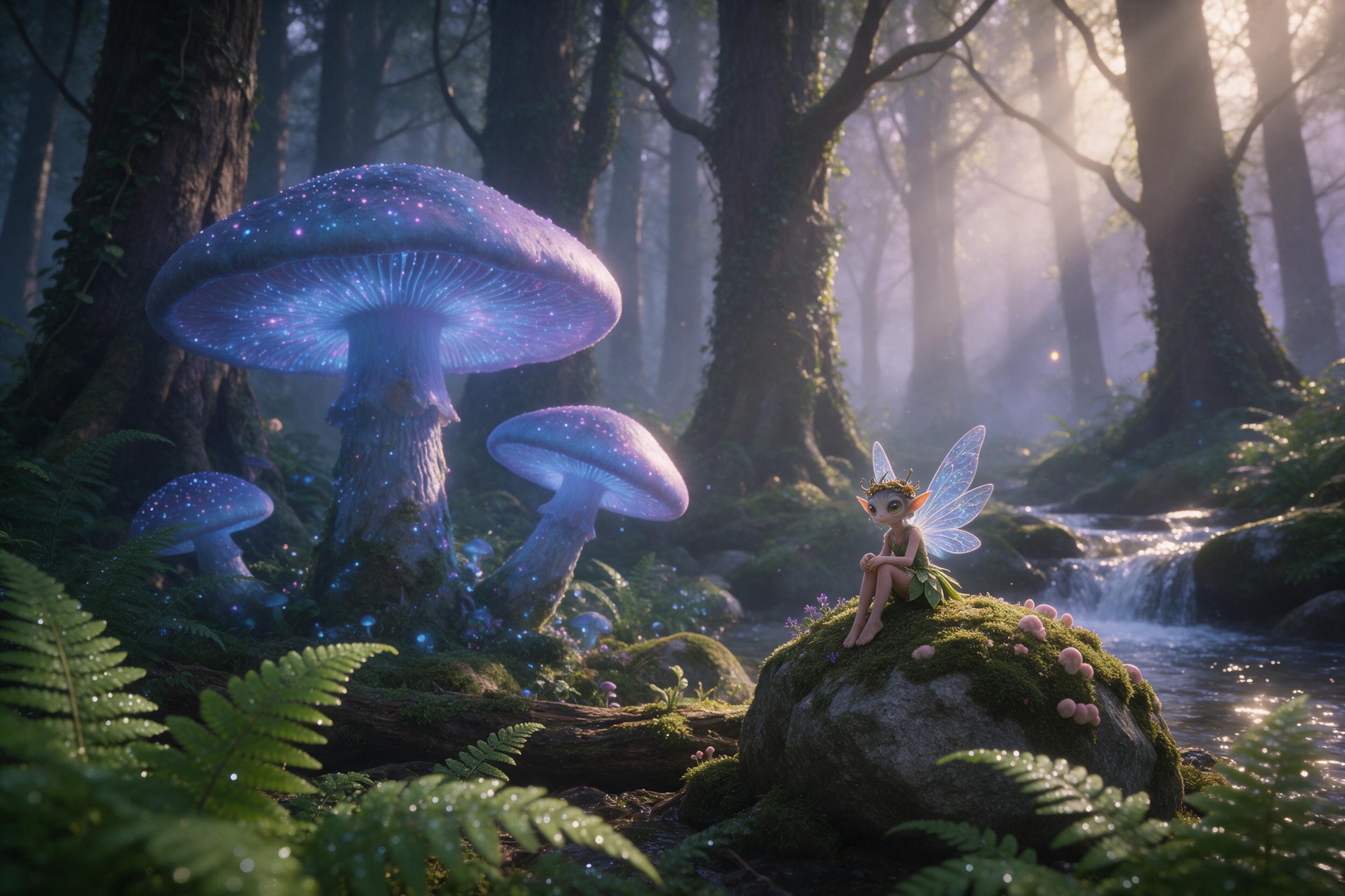 A misty ancient forest at dawn, colossal bioluminescent mushrooms casting soft blue and violet glow, a tiny fairy with translucent wings perched on a mossy stone, rays of golden light piercing through the canopy, foreground ferns in sharp detail, background fading into ethereal fog, gentle water dro